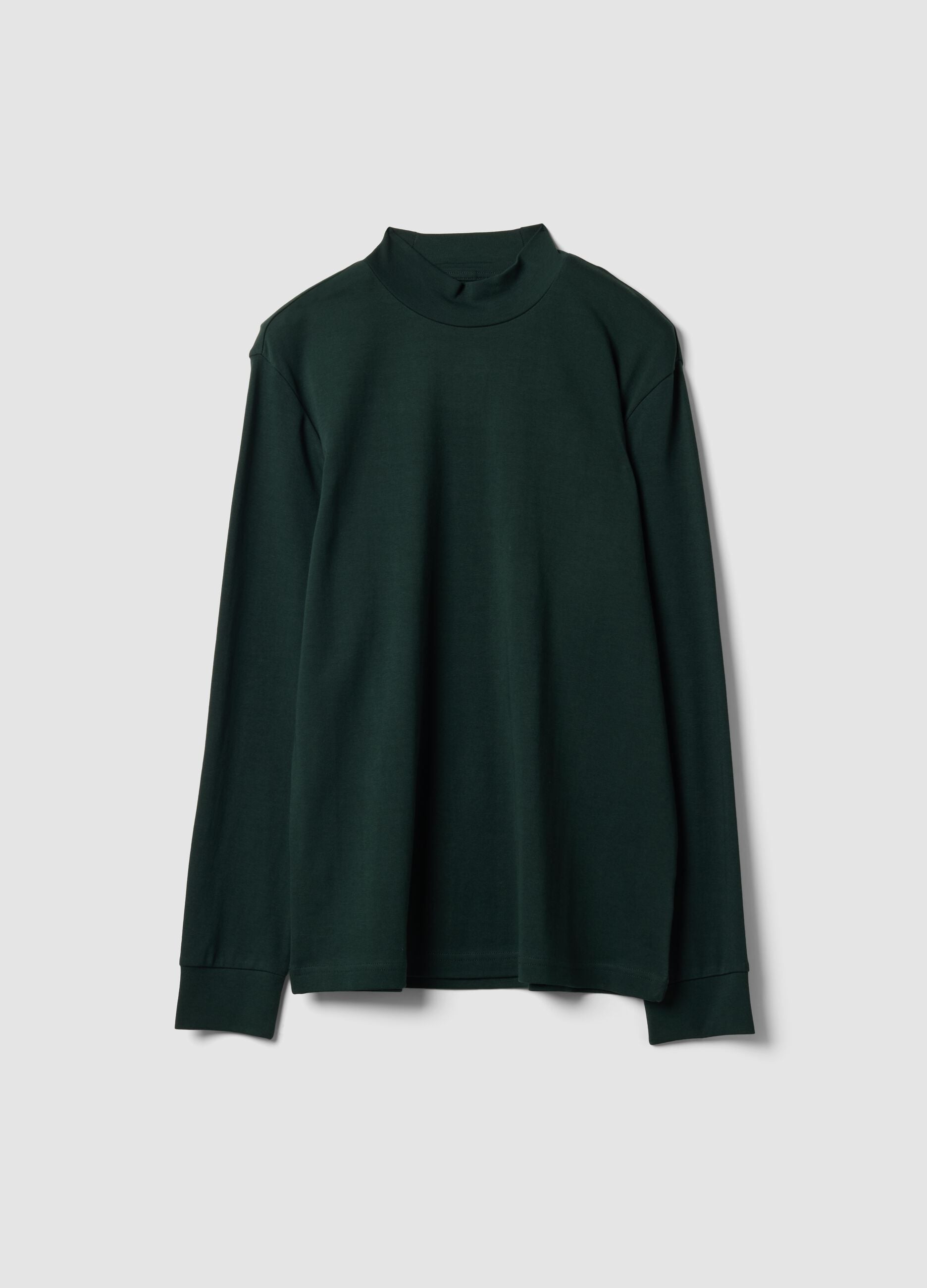 Green pure cotton T-shirt with structured stand collar, regular fit