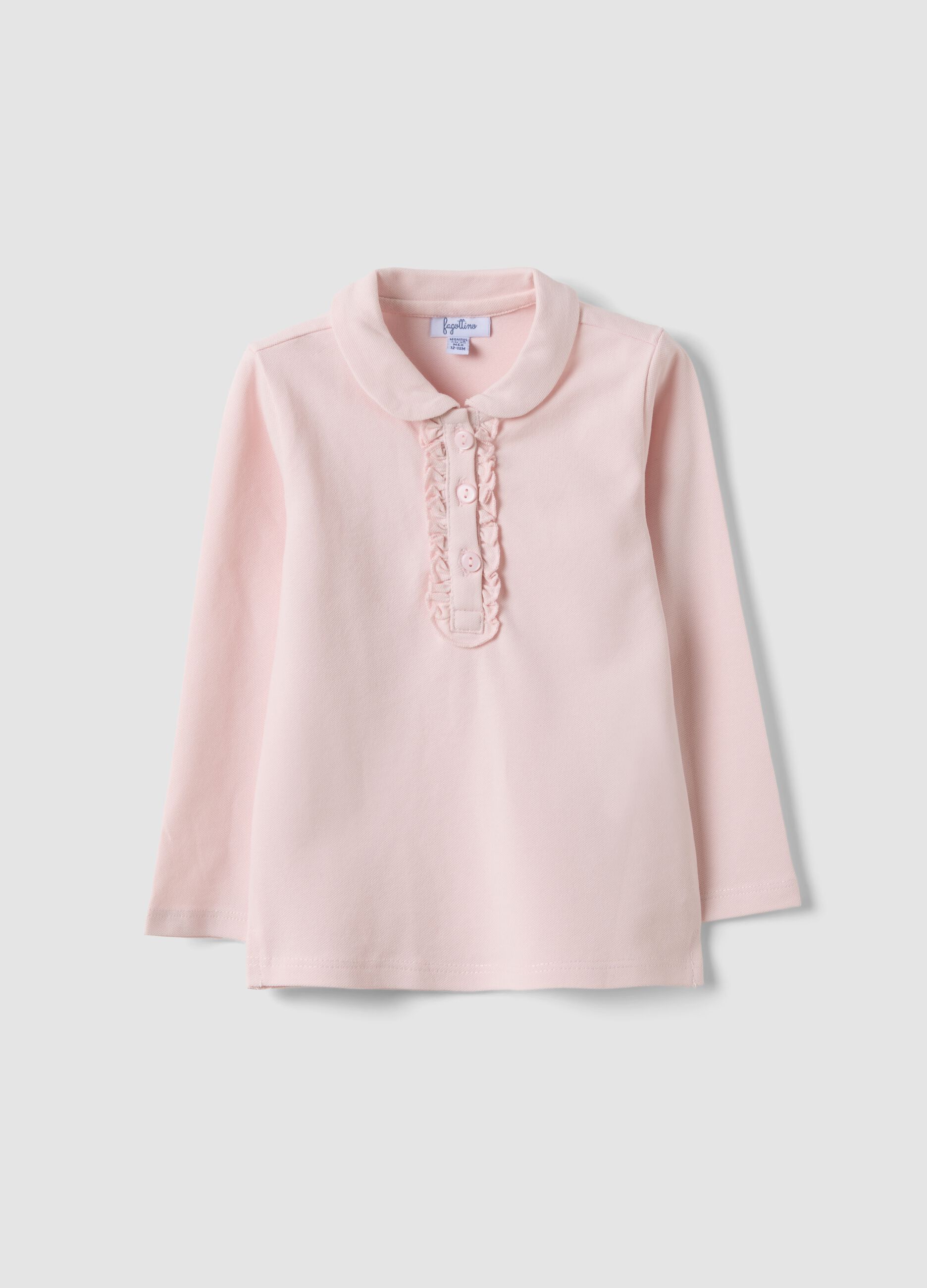 Pink stretch organic cotton polo shirt with ruffle details for baby girl