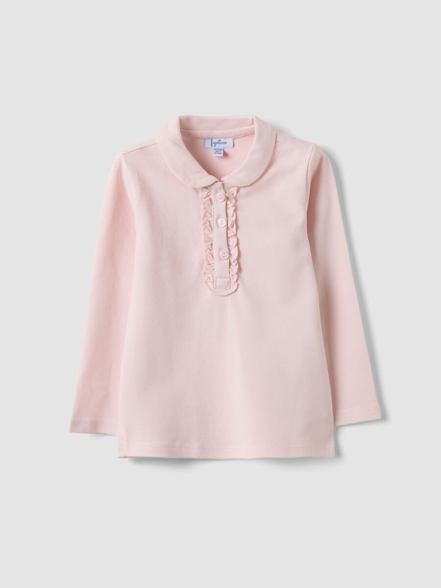 Polo rosa in cotone organico elasticizzato con dettagli volant per bimba_0