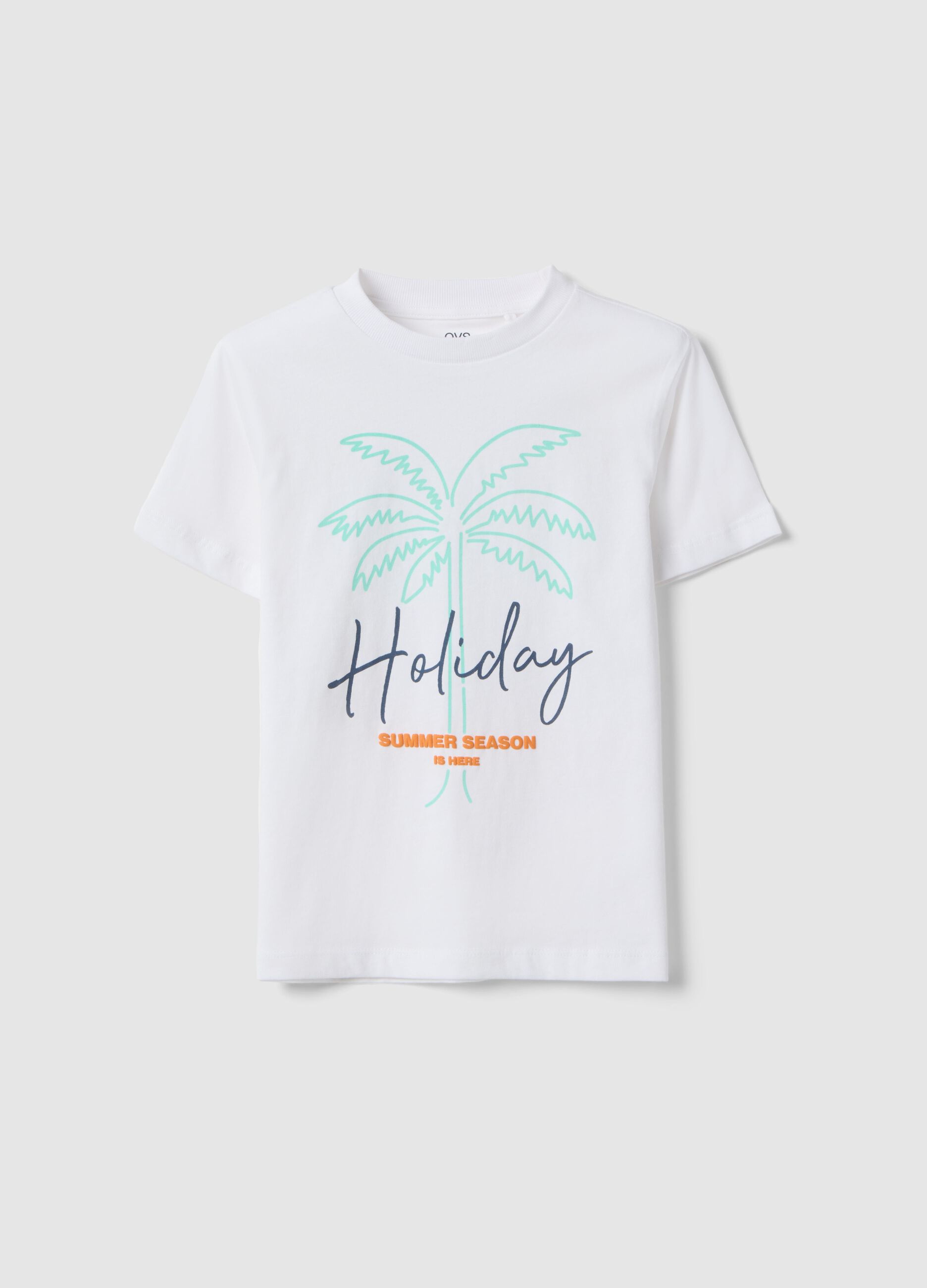 Children's white pure cotton t-shirt regular fit with palm print