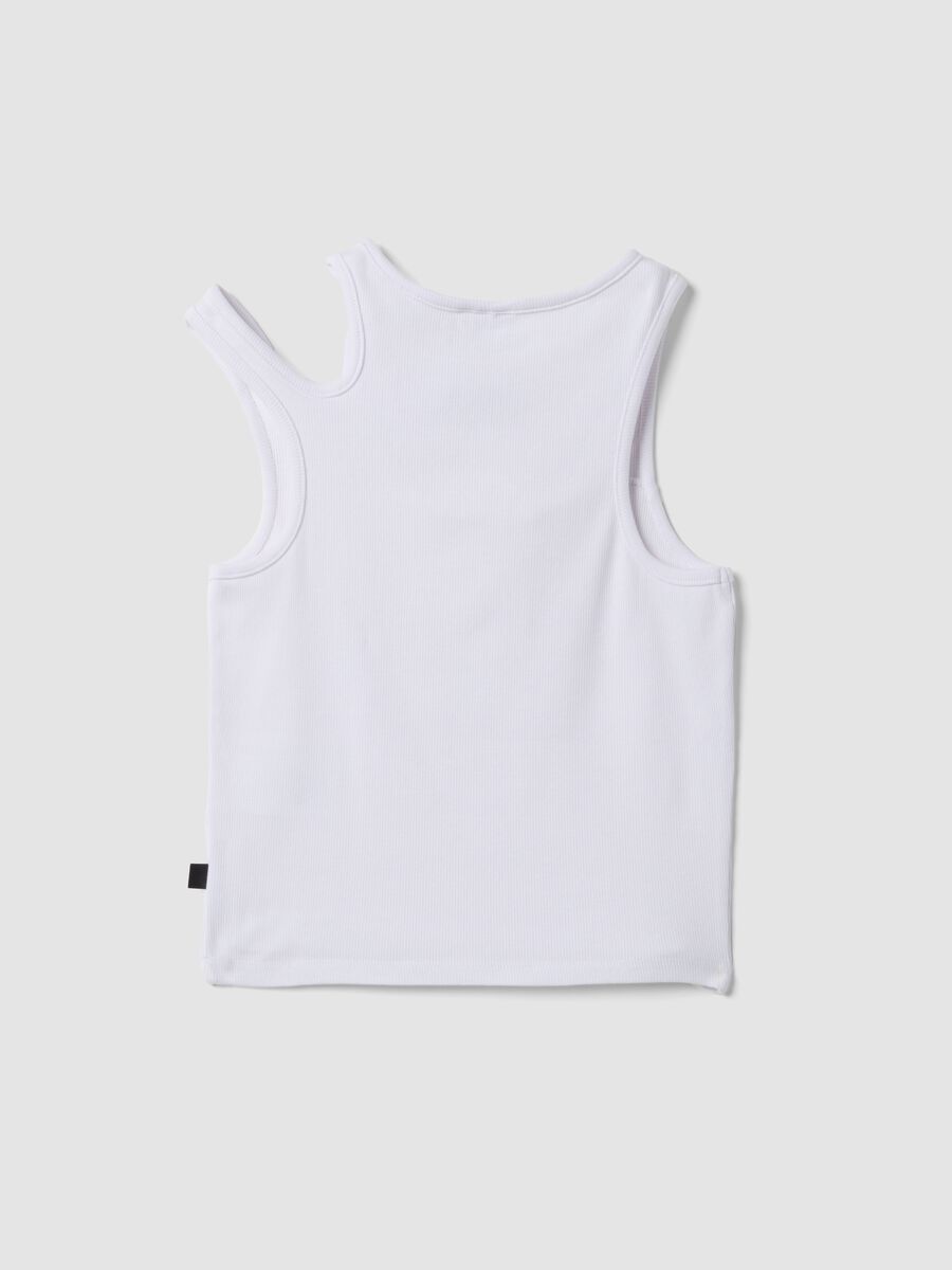 Tank top bianco in cotone elasticizzato con spalline asimmetriche_4