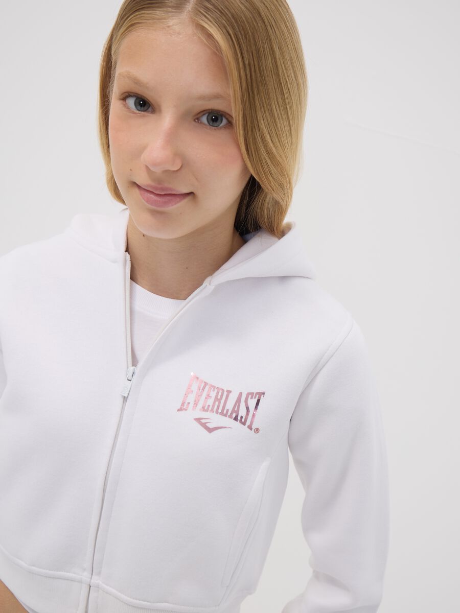 White hooded zip-up sweatshirt in cotton blend for girls, regular fit_0