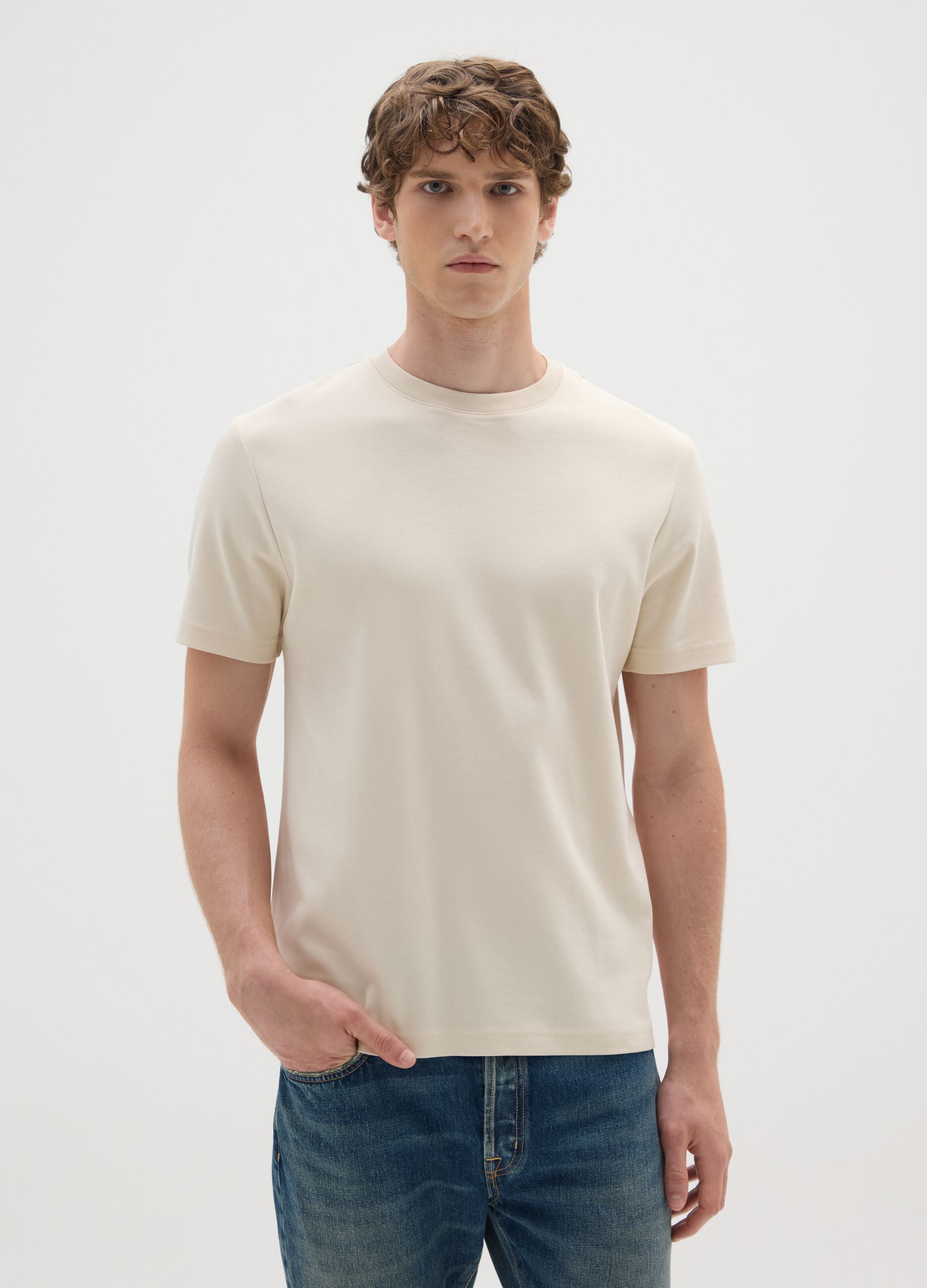 Regular fit beige pure cotton T-shirt