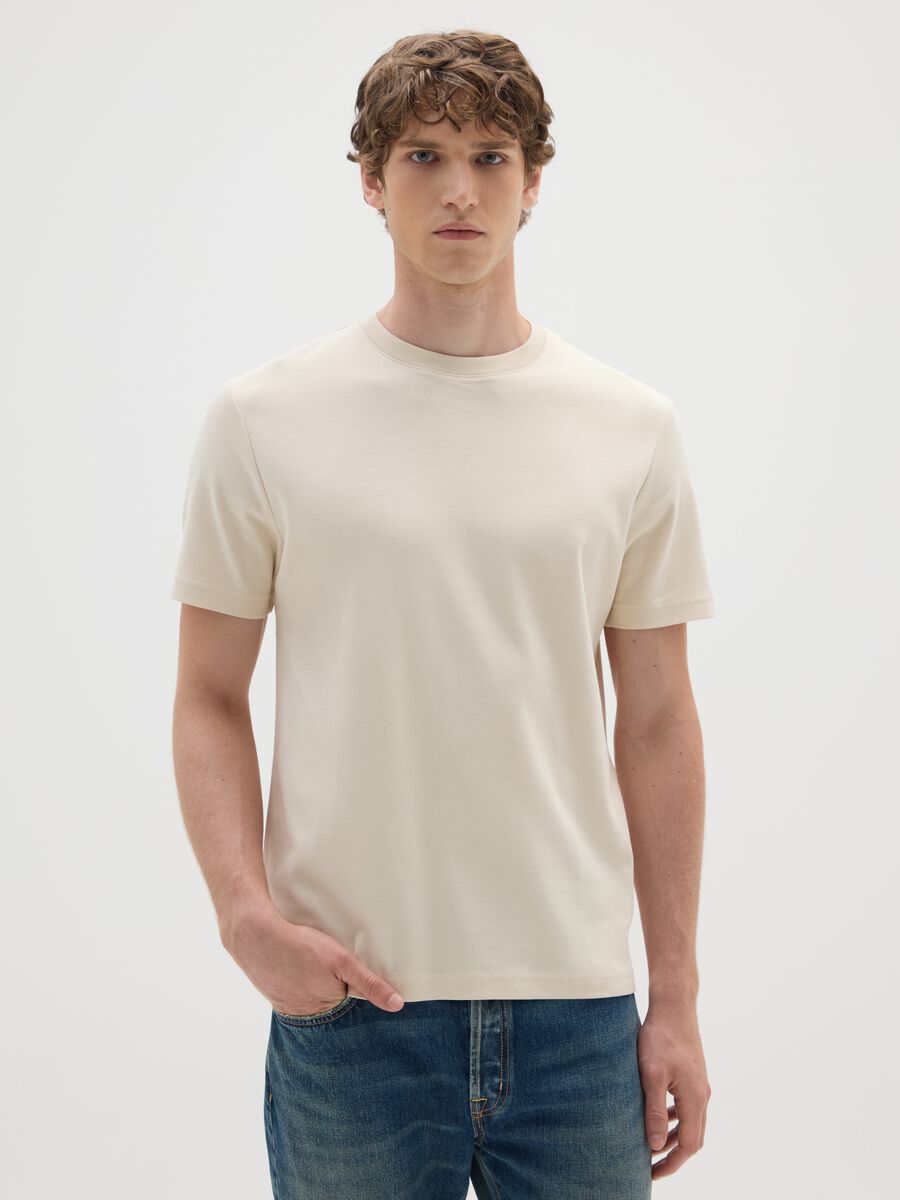 Regular fit beige pure cotton T-shirt_0