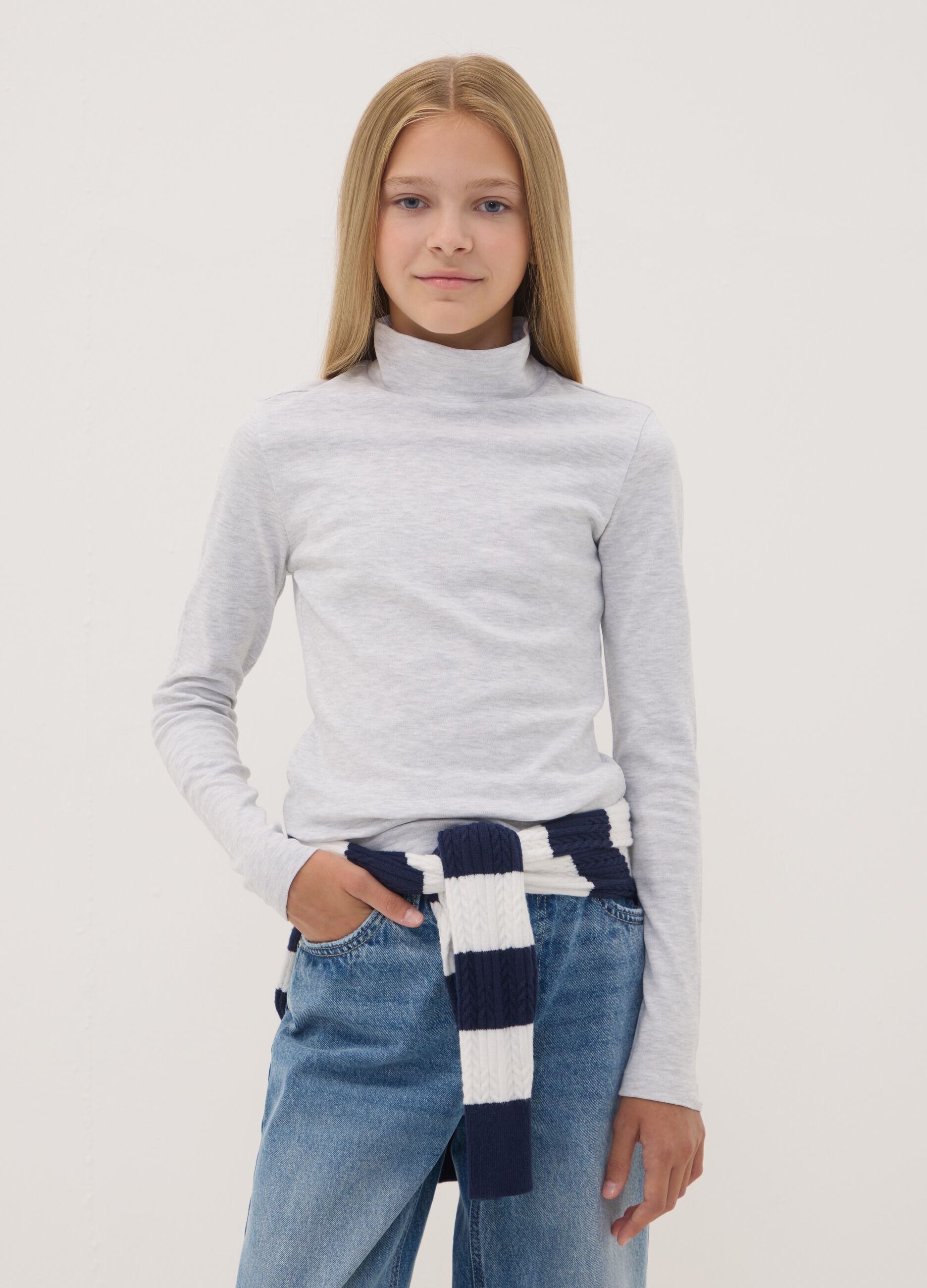 Grey marl organic cotton high-neck T-shirt