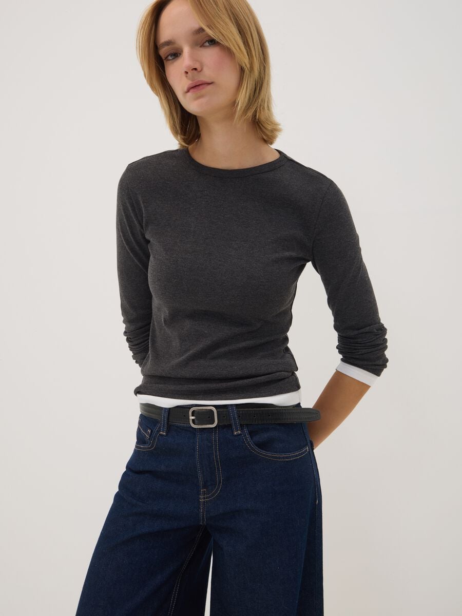 T-shirt grigia in misto cotone con girocollo_0