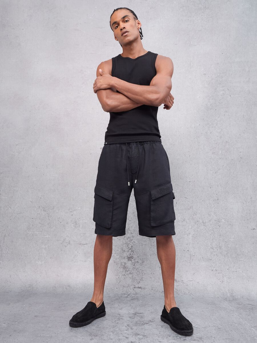 100% Linen Black Cargo Shorts_0