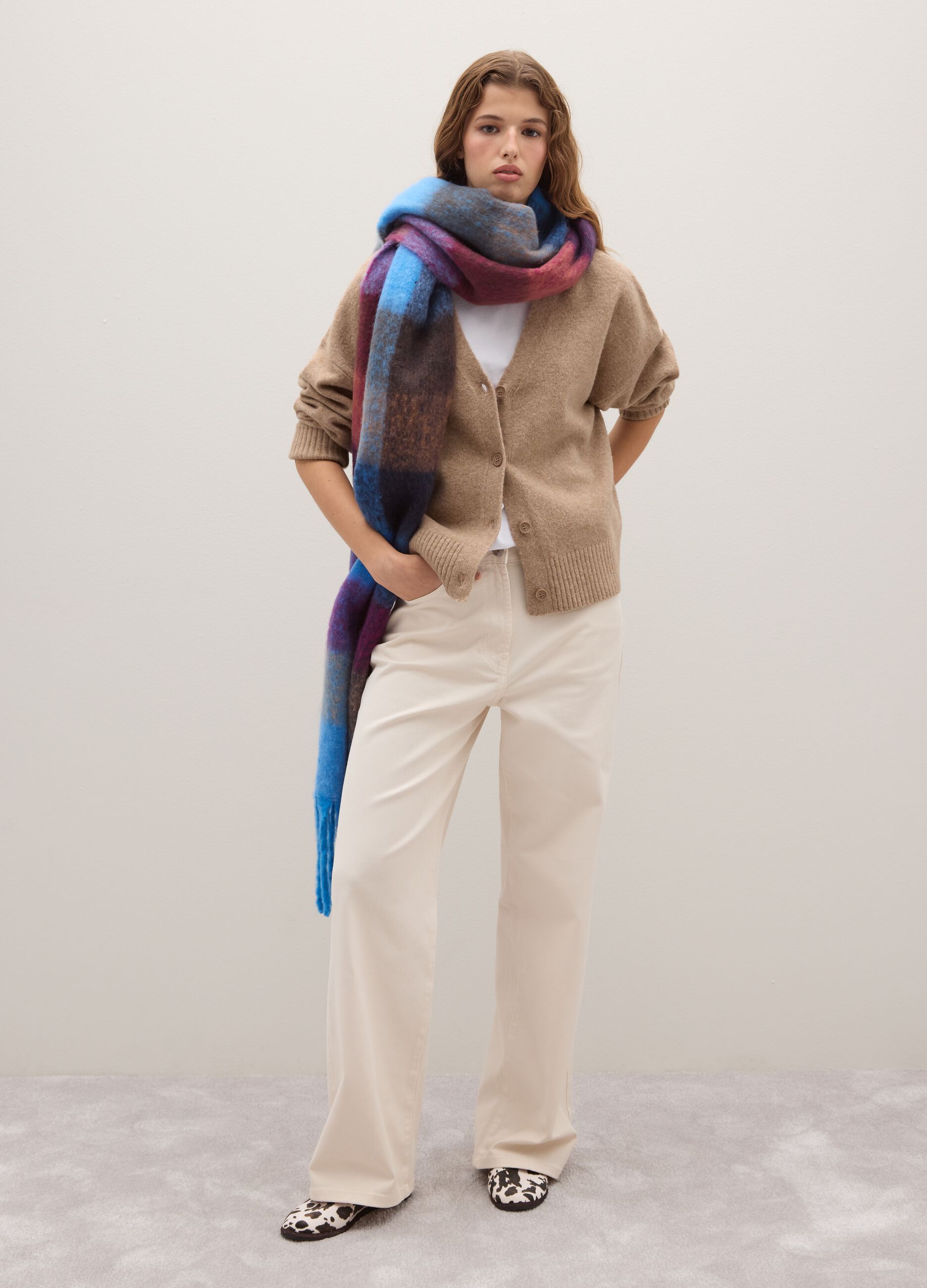 Beige oversized cardigan with V-neck and buttons