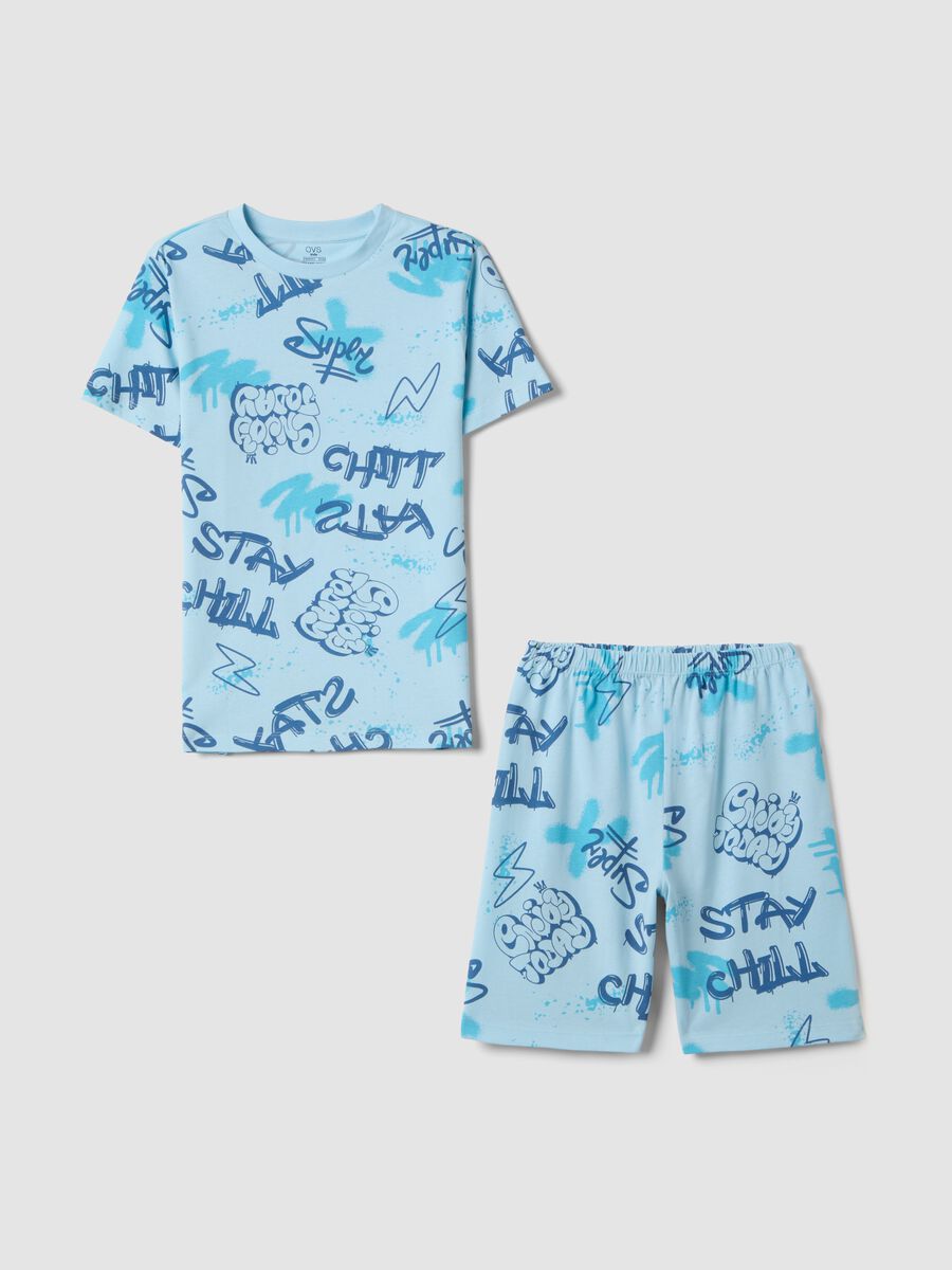 Pigiama in puro cotone azzurro da ragazzo regular fit con stampe_0