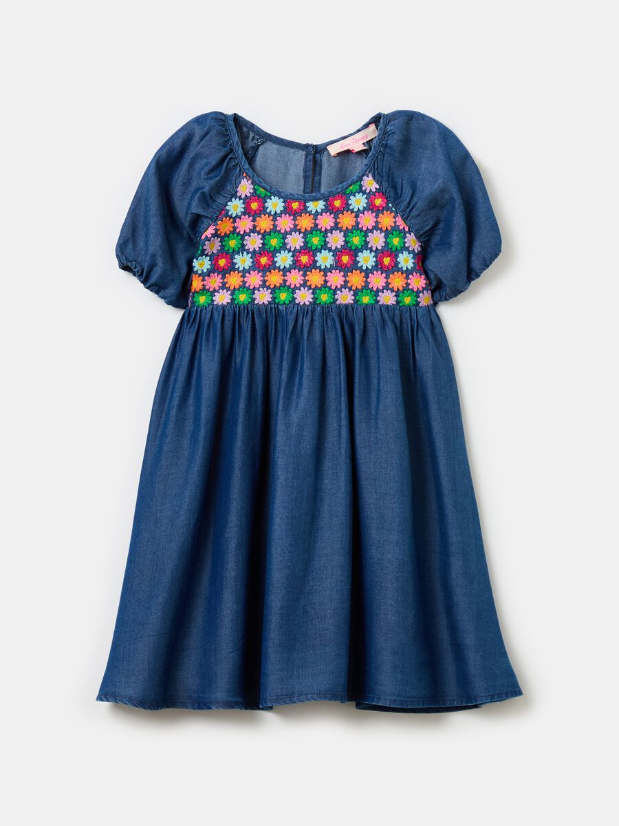 Denim-effect dress with flowers embroidery_0