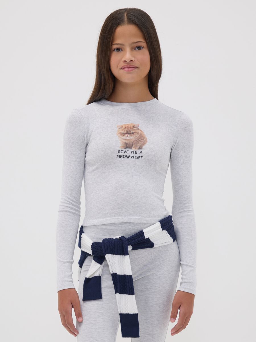 Grey stretch organic cotton T-shirt with ribbed neckline and cat print_0