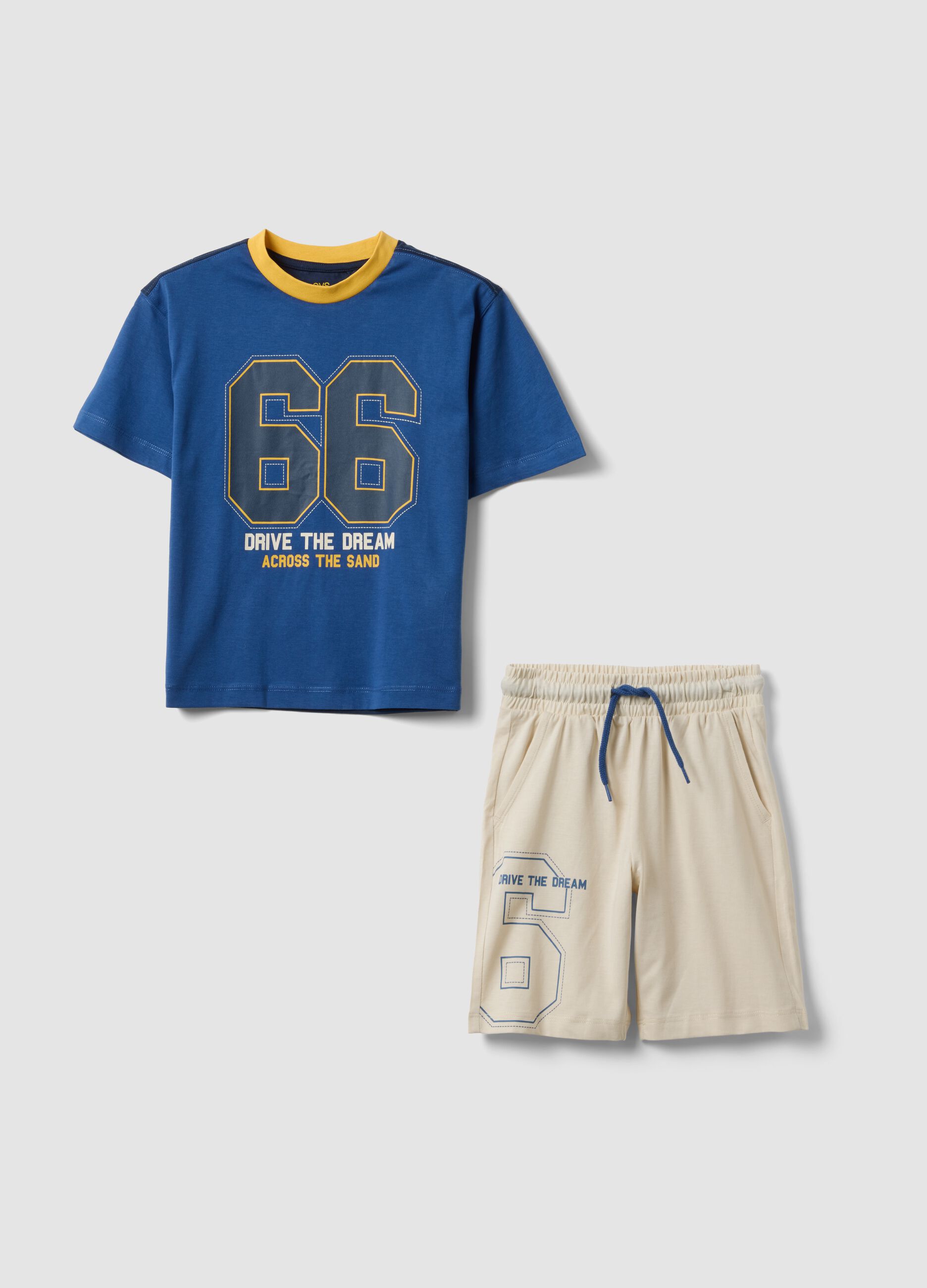 Blue and beige pure cotton set with T-shirt and shorts