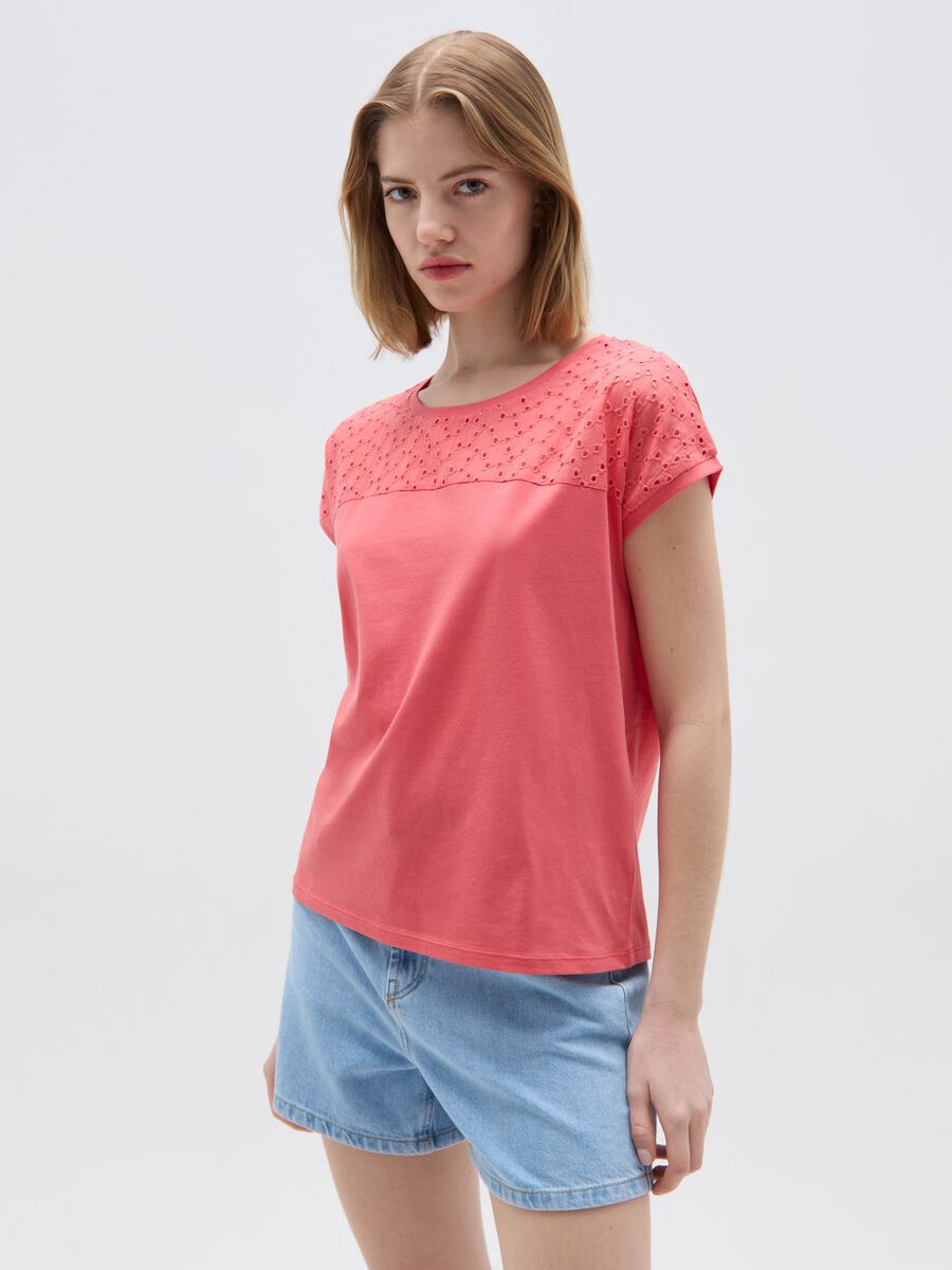 Cotton T-shirt with broderie anglaise_1