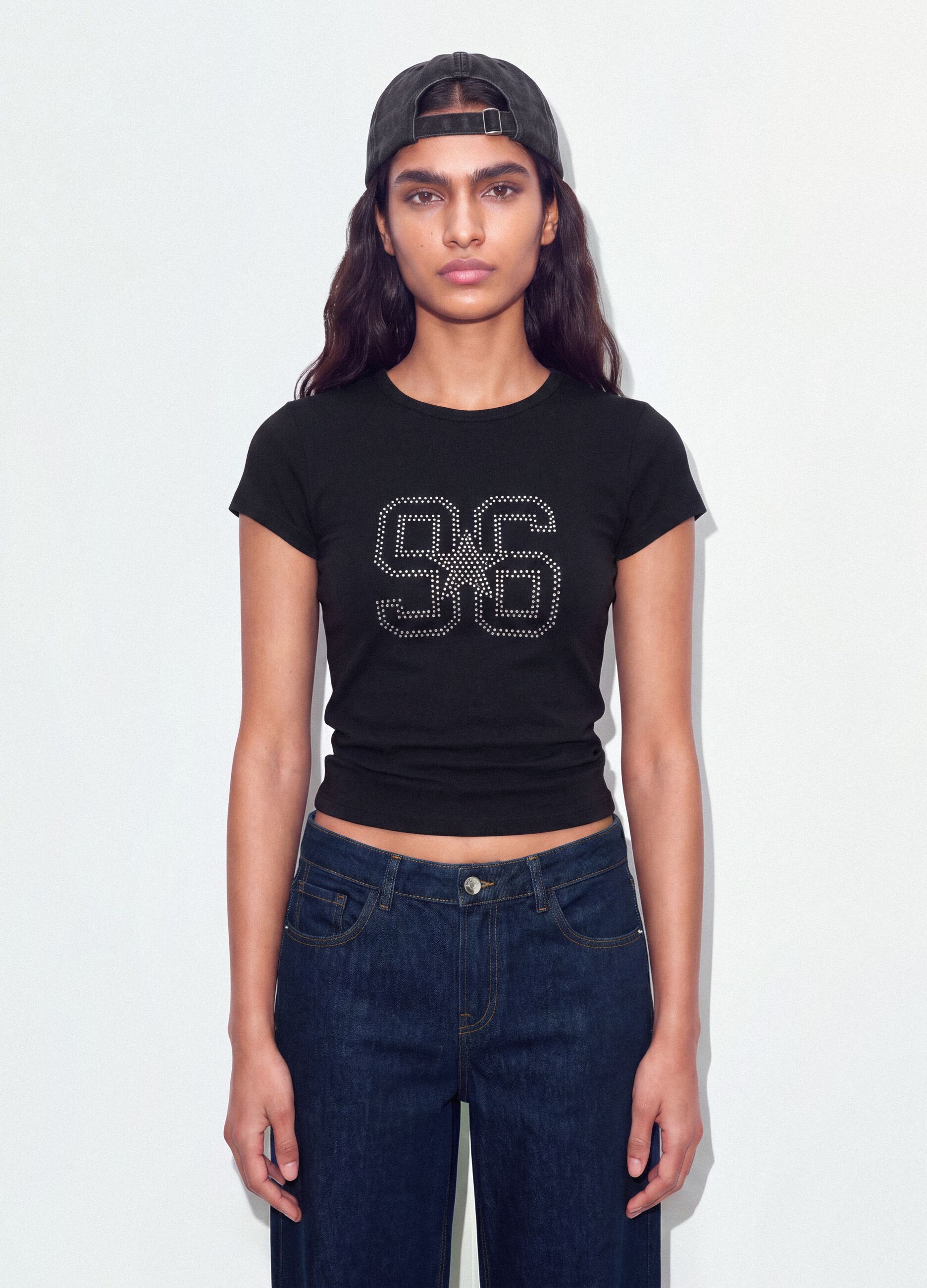 Black fitted stretch-cotton T-shirt with rhinestone embellishment