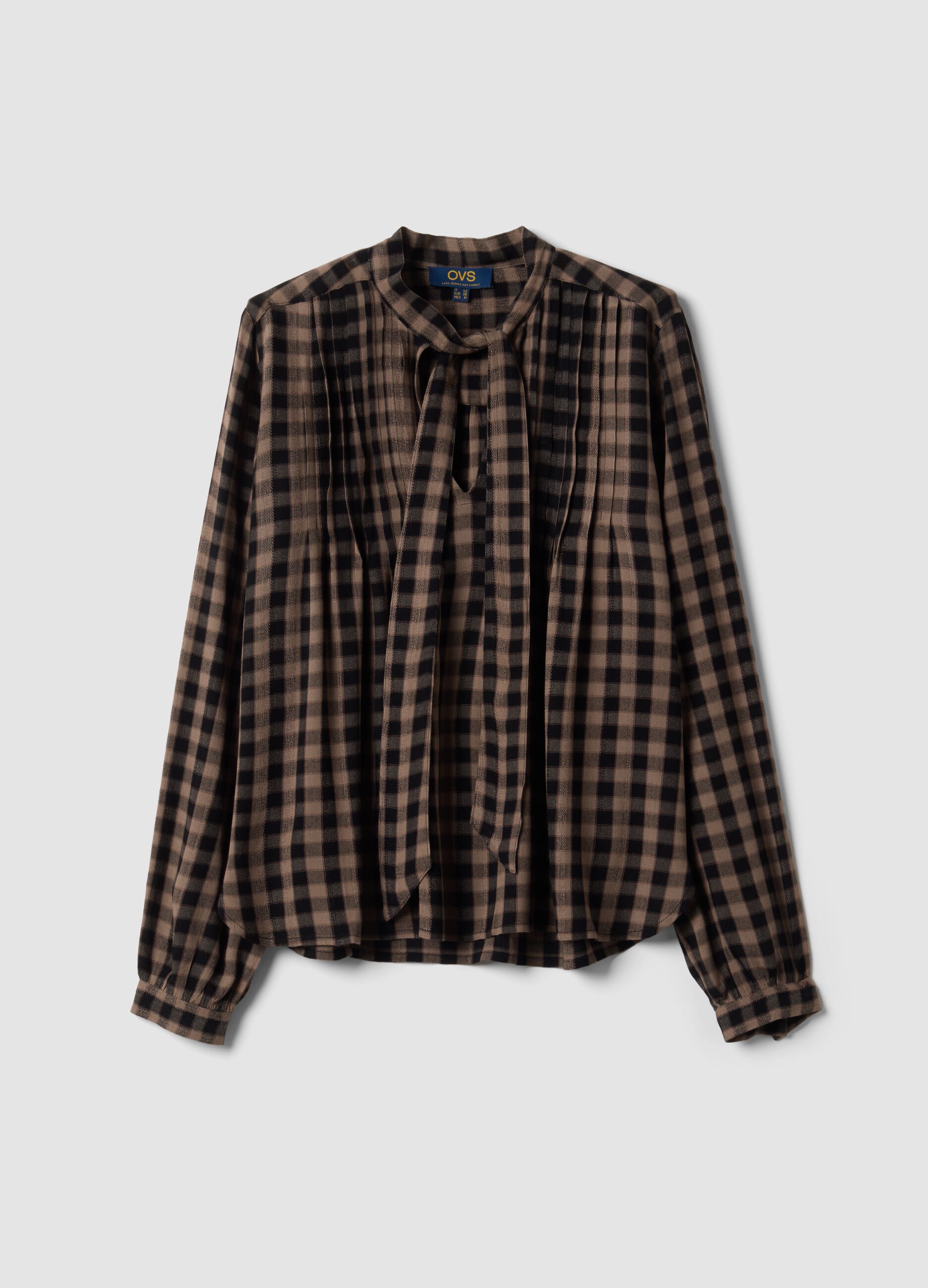 Camicia marrone a quadri in pura viscosa con fiocco