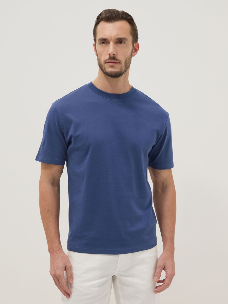 Short-sleeve pure cotton blue relaxed fit T-shirt_0