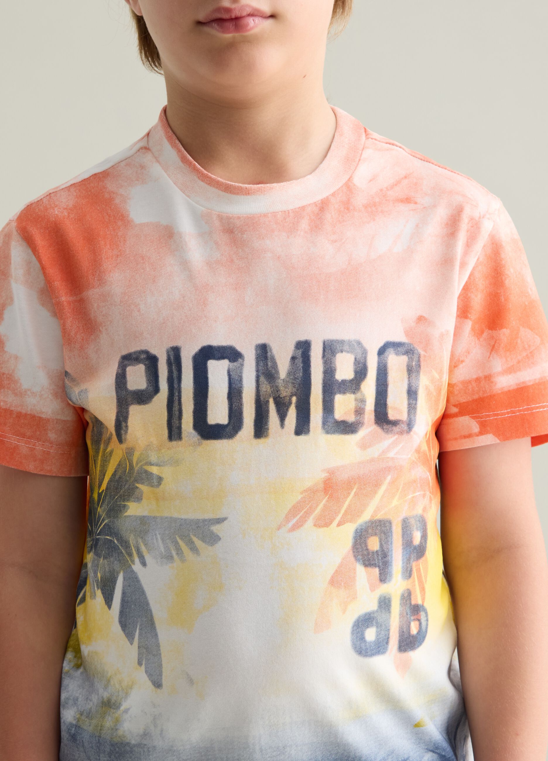 Yellow and orange dip-dye T-shirt with logo and palms print
