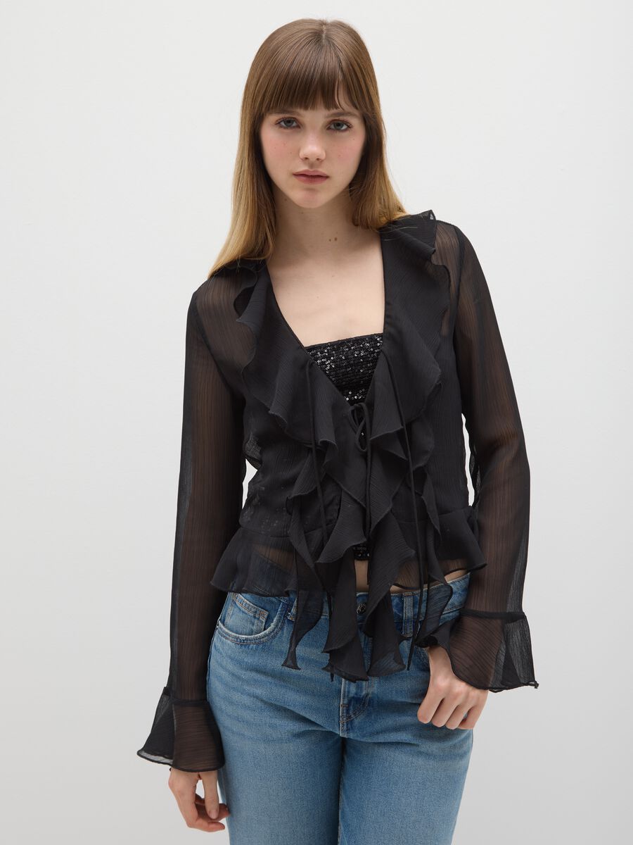 Blusa nero regular fit con volant_0