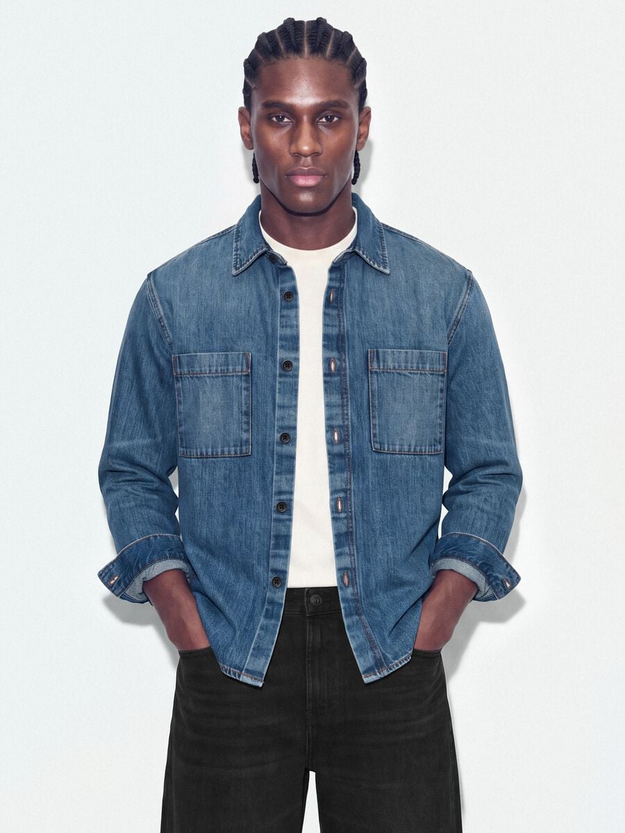 Camicia blu in denim in puro cotone regular fit_0