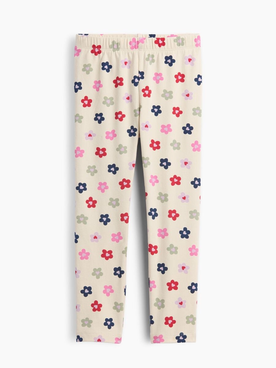 Leggings beige in cotone elasticizzato con fantasia floreale_0
