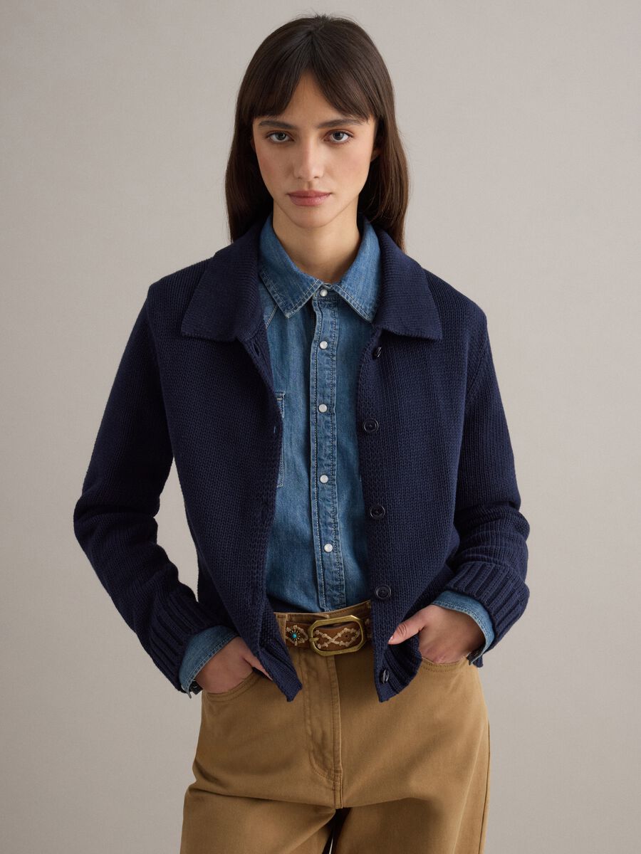 Blue cotton cardigan with polo collar, regular fit_0