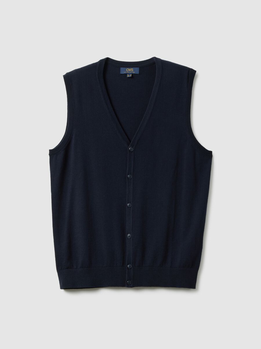 Regular fit deep V blue waistcoat in cotton blend with buttons_4