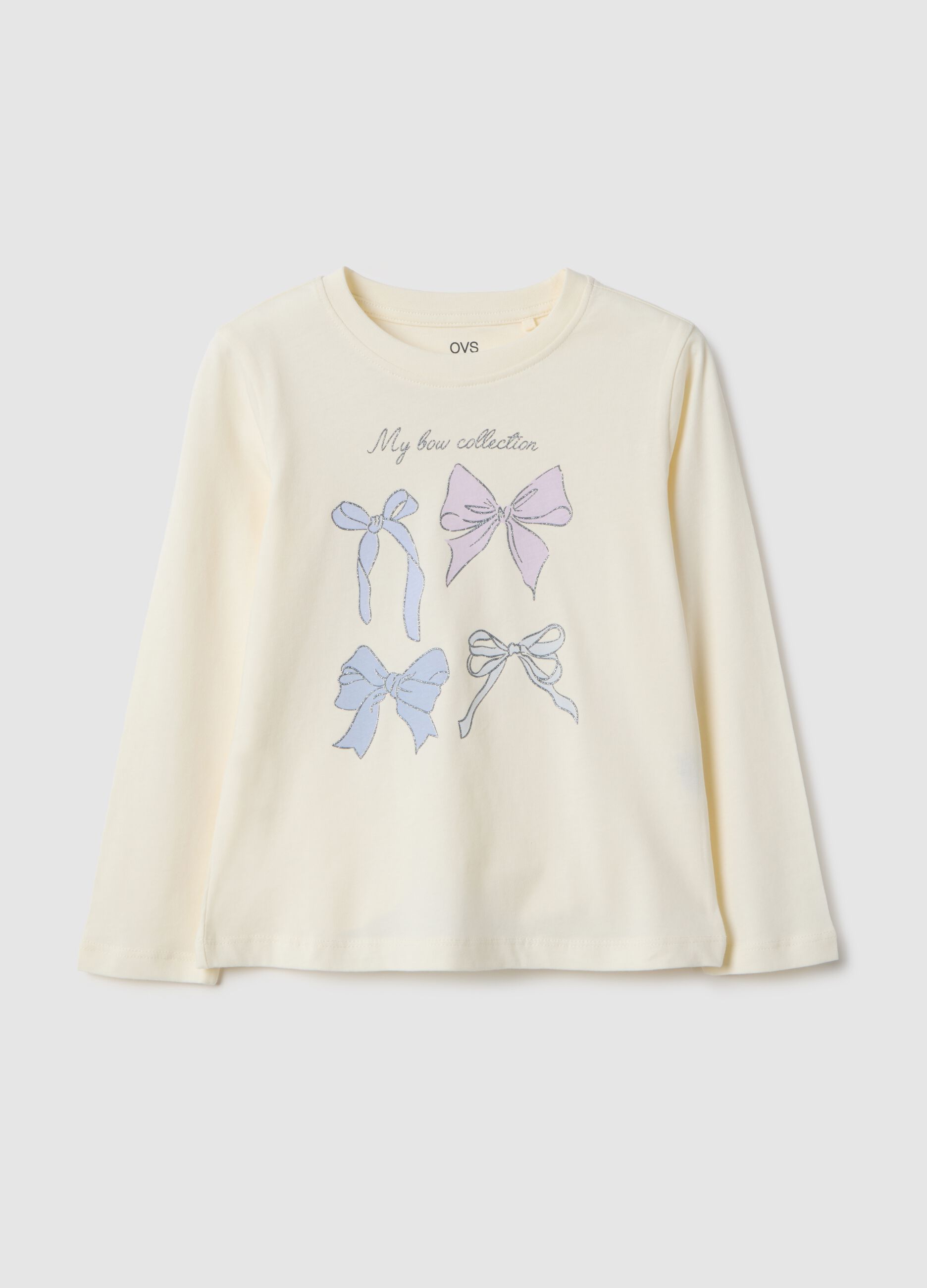 Girls' beige pure cotton t-shirt with bows