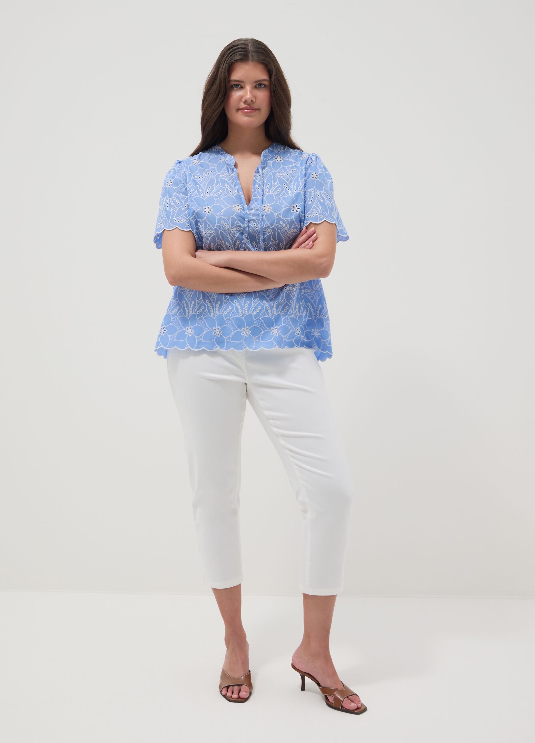 Sky-blue pure cotton broderie anglaise blouse