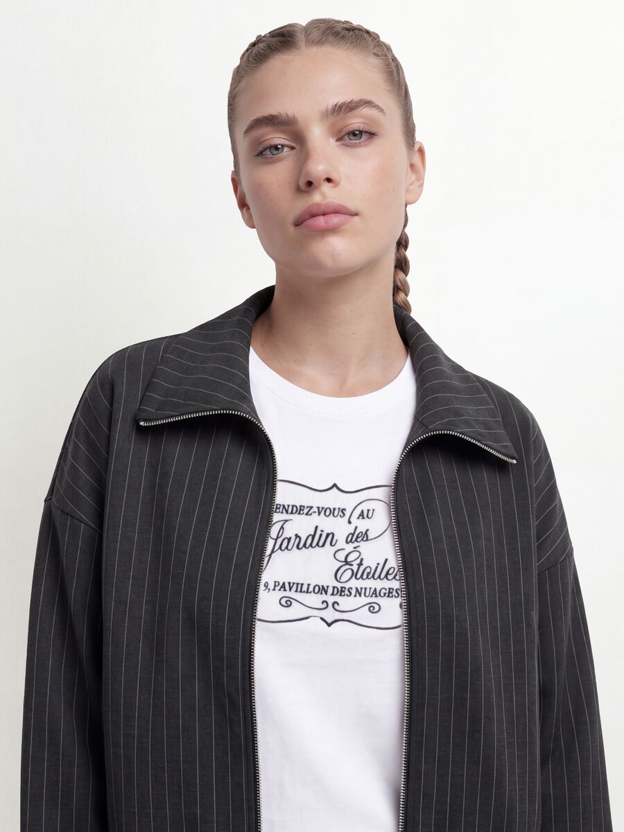 Felpa full zip grigia in viscosa elasticizzata a righe con colletto_0