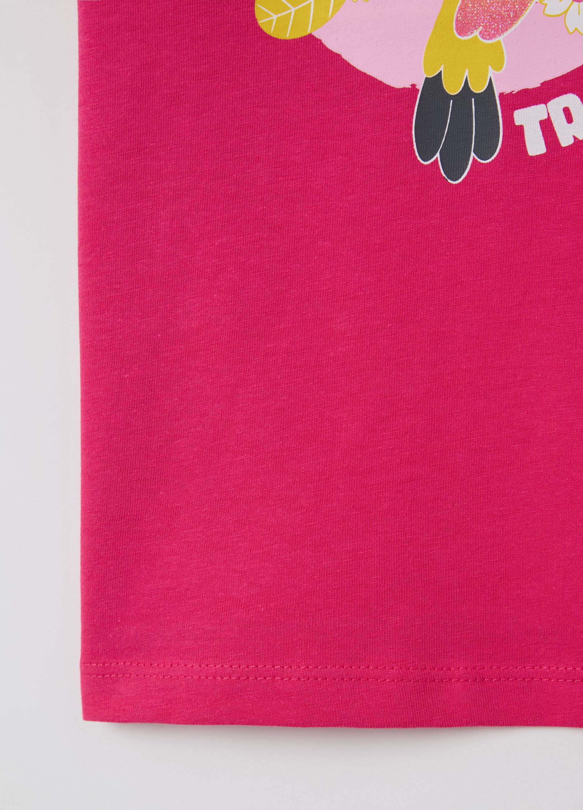 Pink cotton T-shirt with toucan print and glitter