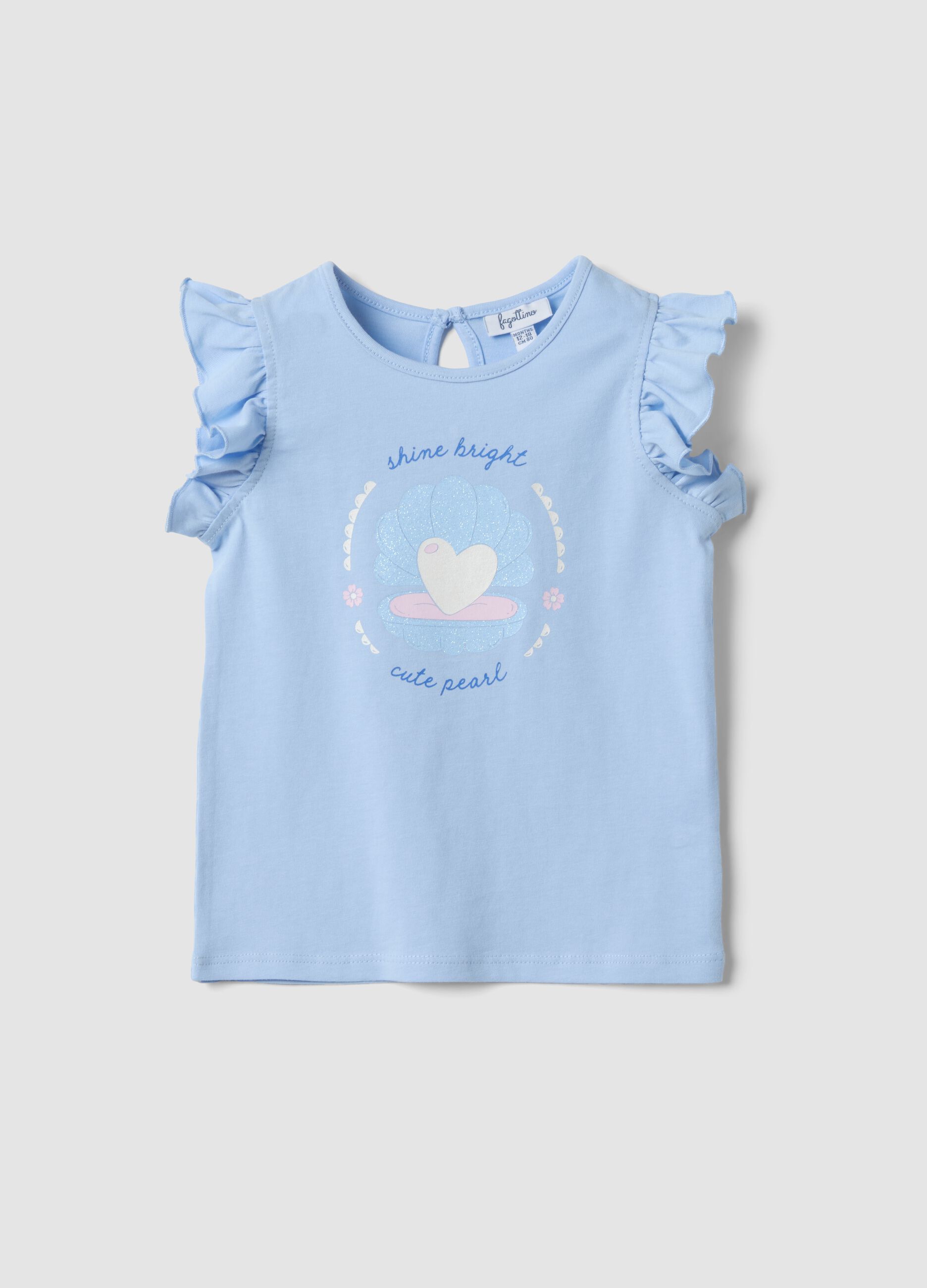 Sky-blue organic cotton tank top for baby girls with print and frills