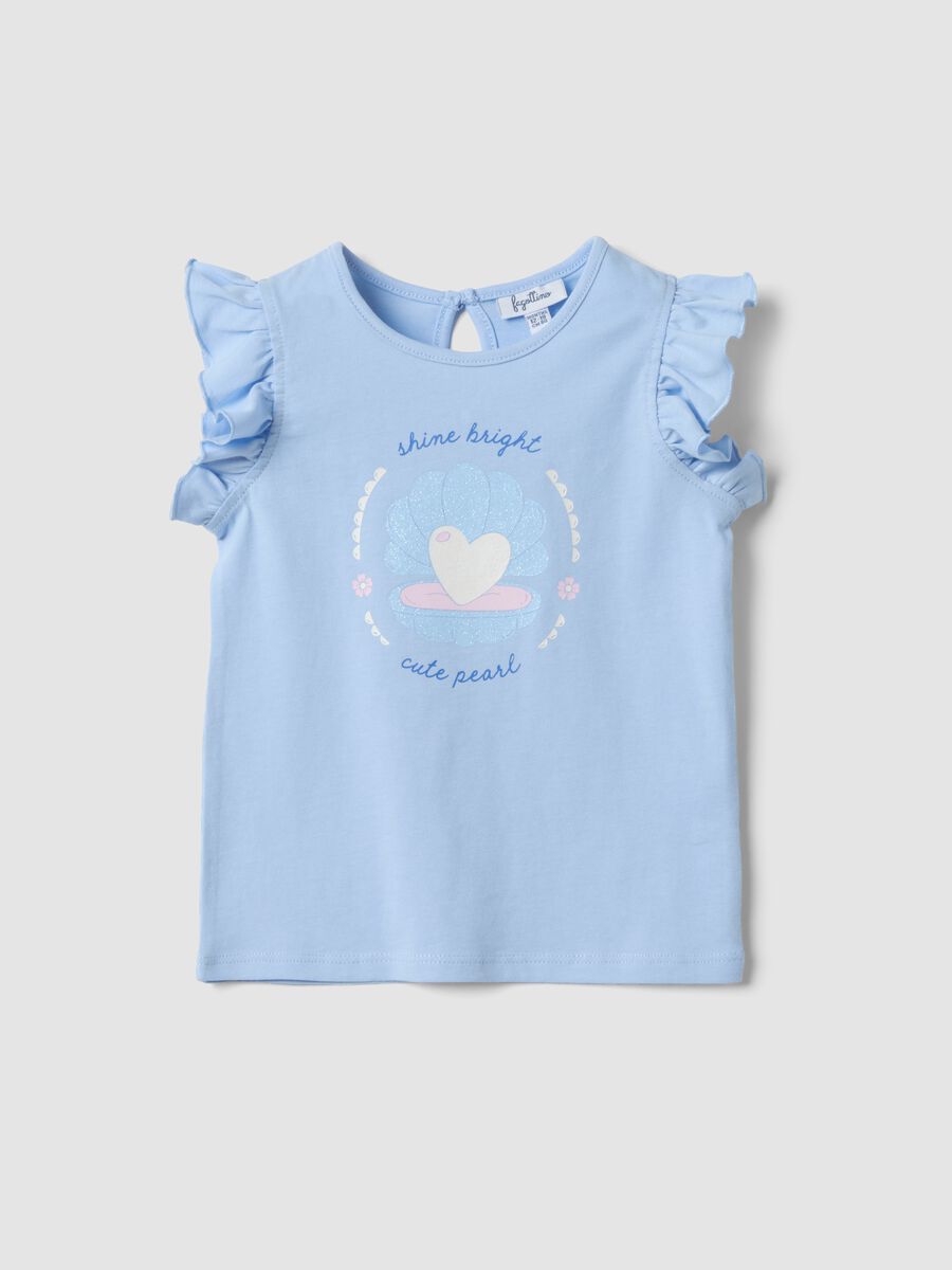 Sky-blue organic cotton tank top for baby girls with print and frills_0