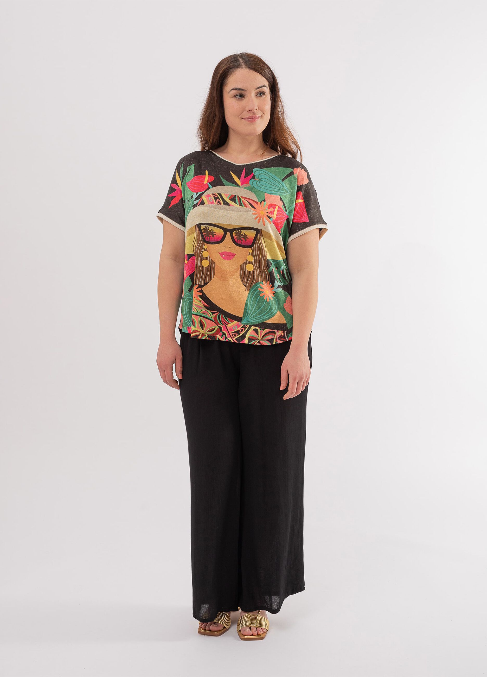 T-shirt in lurex con stampa volto femminile Curvy_0