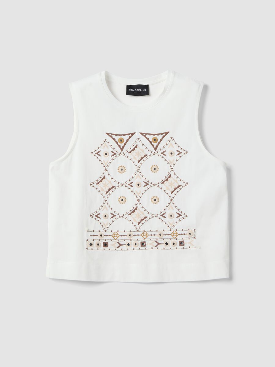 White cotton tank top with regular fit and embroidery_0