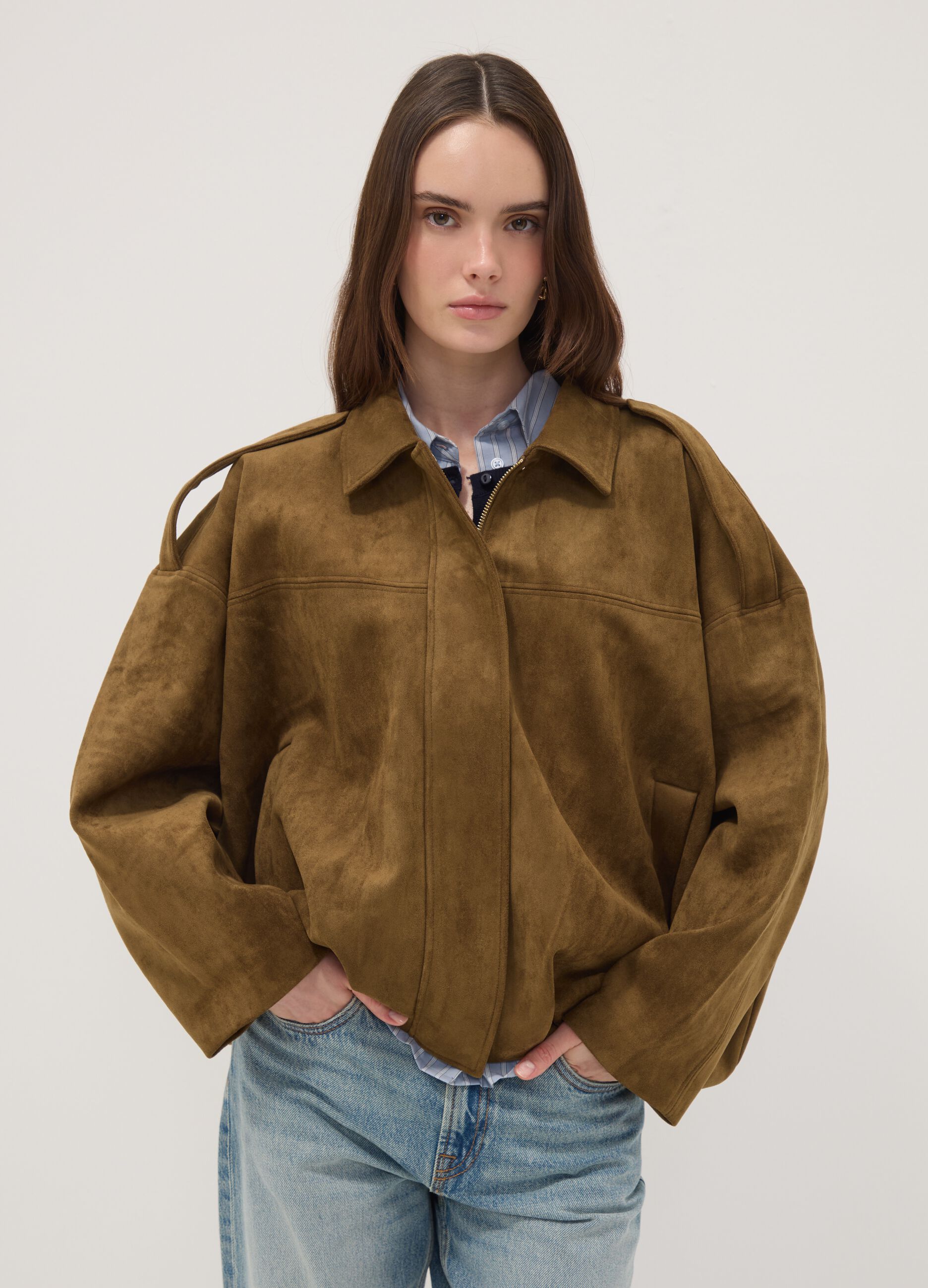 Green stretch-fabric jacket with zip, regular fit