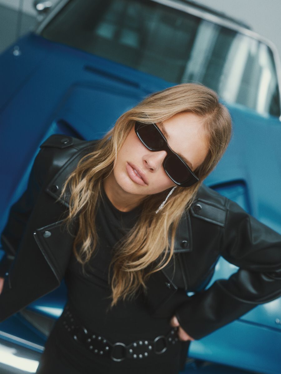 Black biker jacket regular fit with metallic details and diagonal zip_0