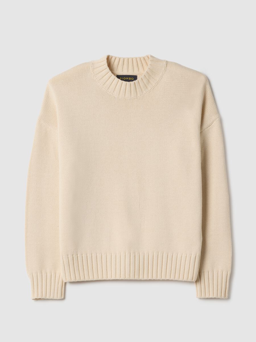 Beige crew neck pullover in pure cotton regular fit_4