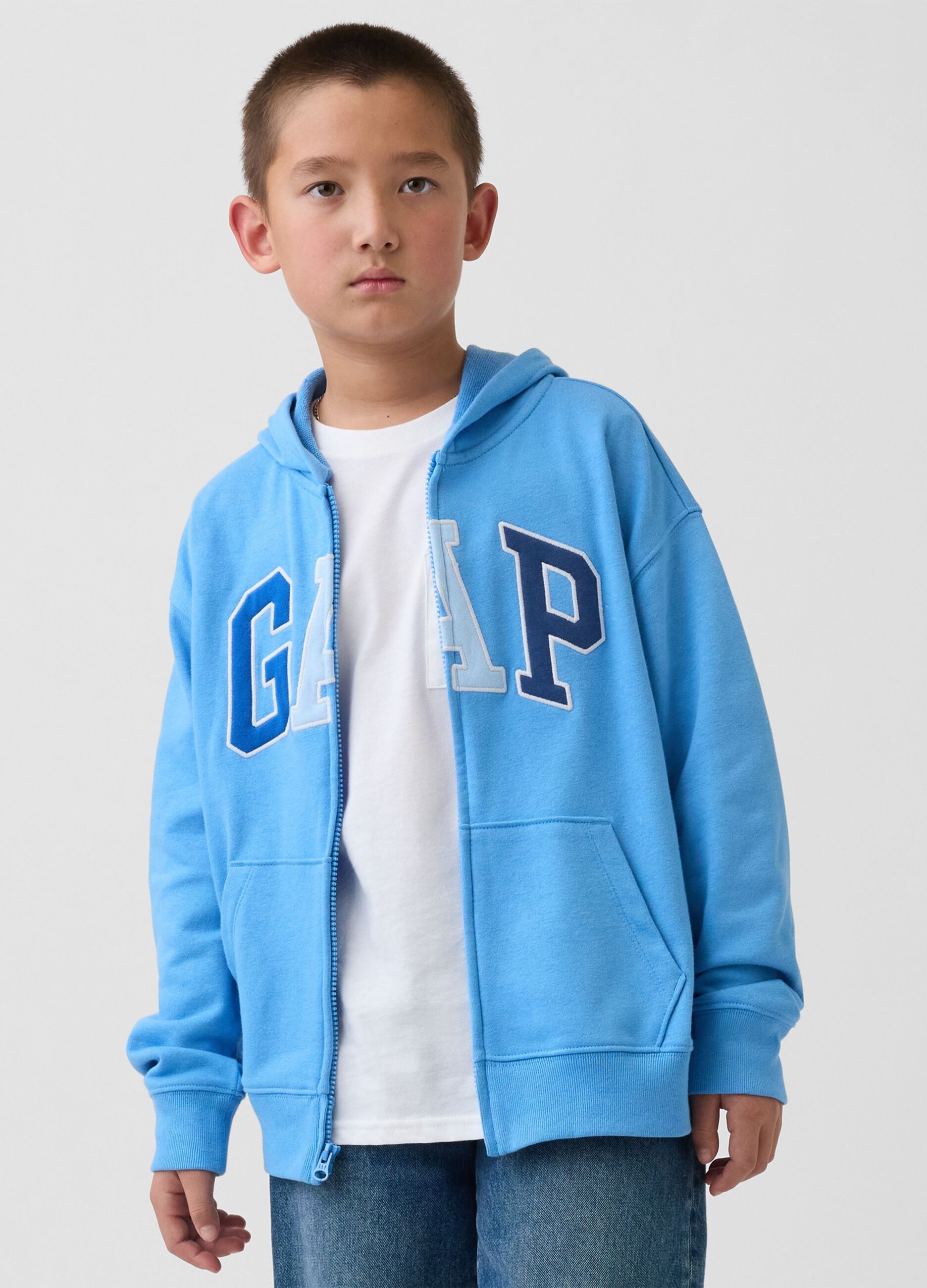 Children's blue cotton-blend hoodie with logo, zip and hood