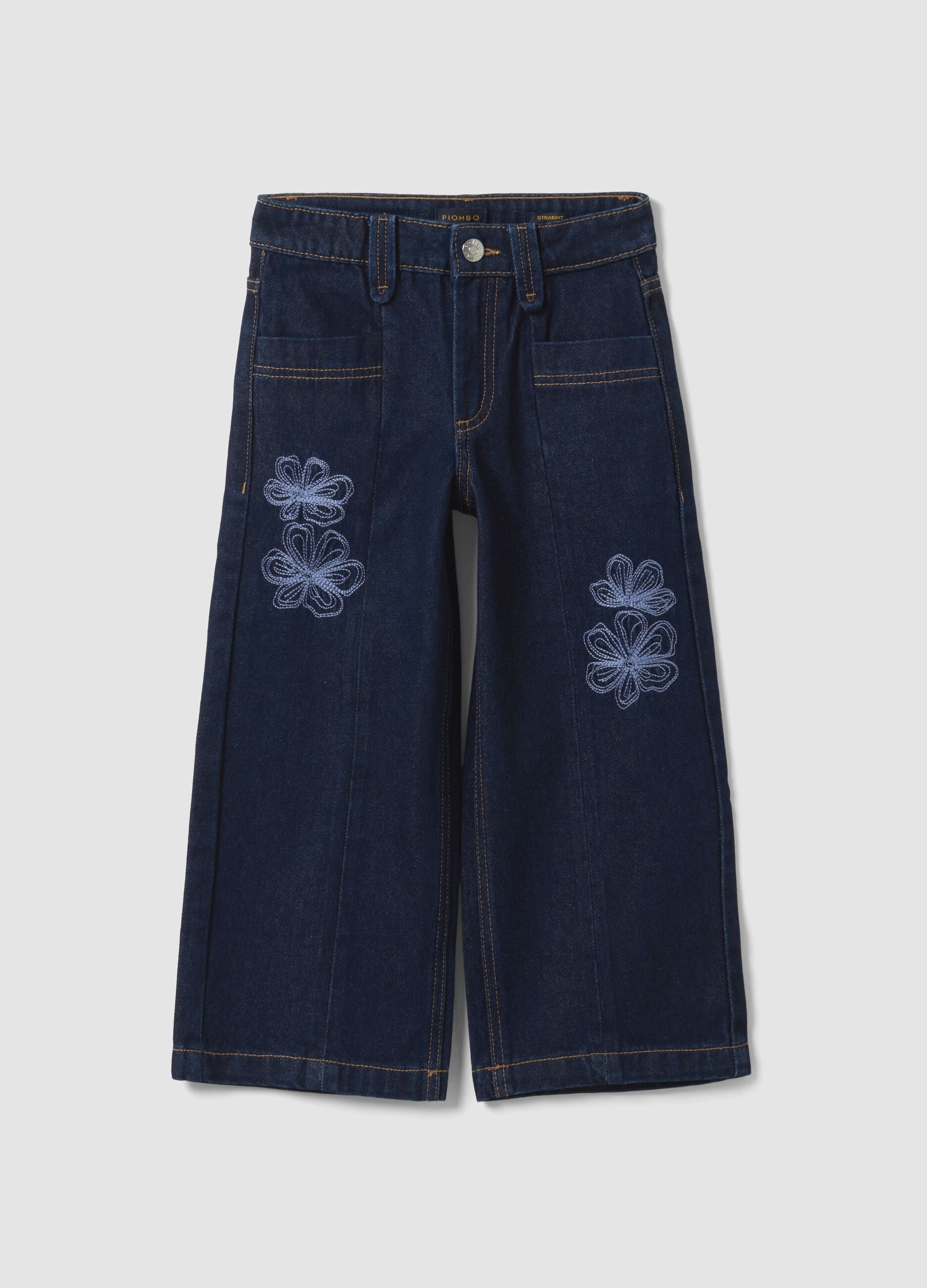 Jeans blu in puro cotone straight fit con ricami fiori per bambina