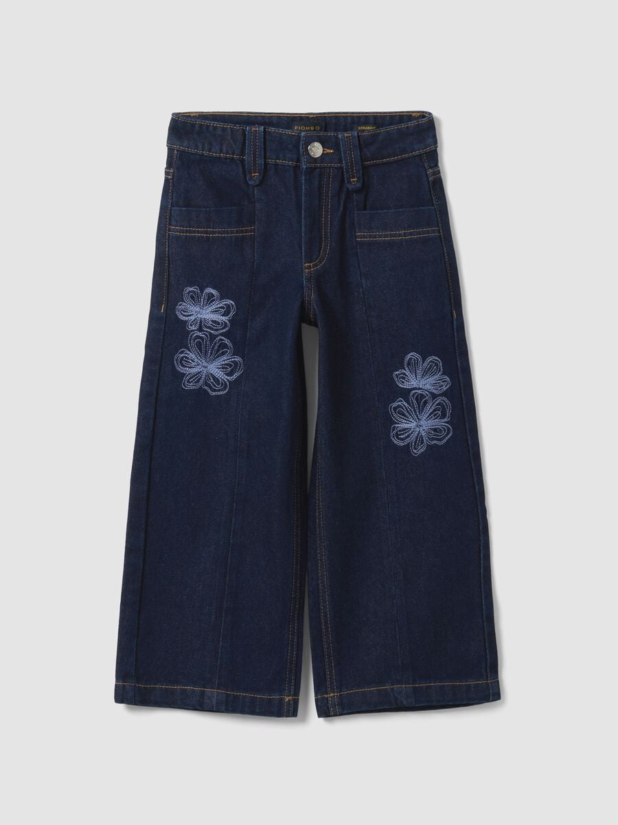 Blue straight-leg pure cotton jeans with floral embroidery for girls_0