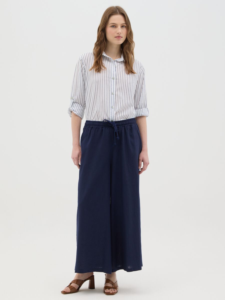 Women's blue palazzo trousers in regular fit cotton and linen_0