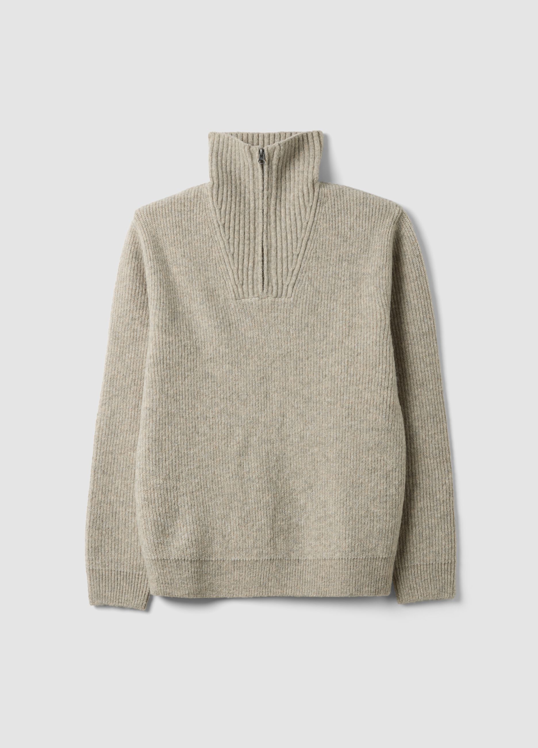 Beige regular-fit stretch wool half-zip jumper