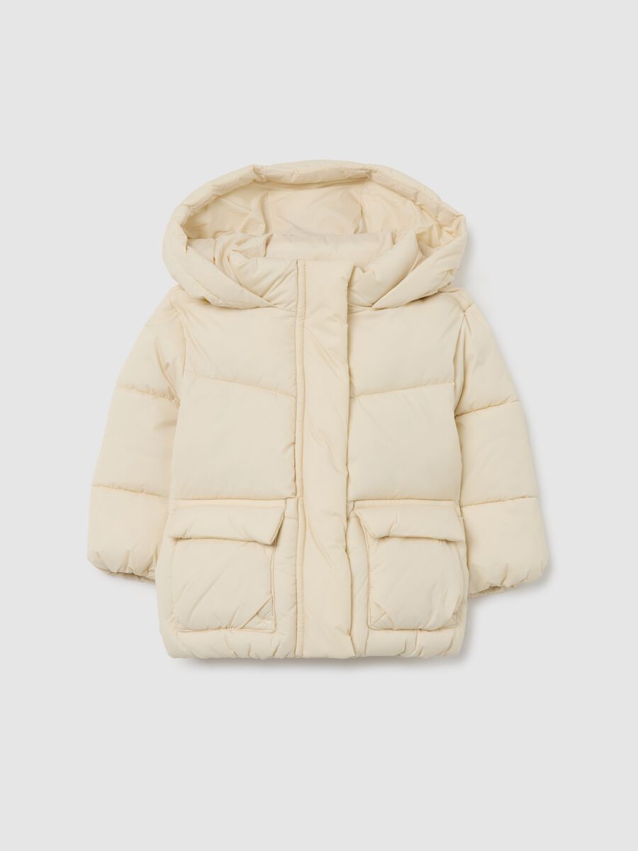 Ivory White The Iconic Puffer Girls Hooded Down Jacket_0