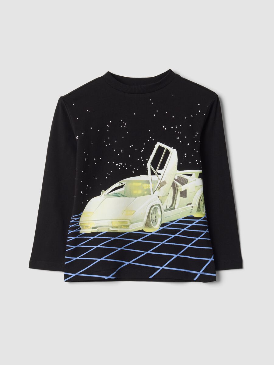 Black long-sleeve stretch organic cotton T-shirt with car print_0