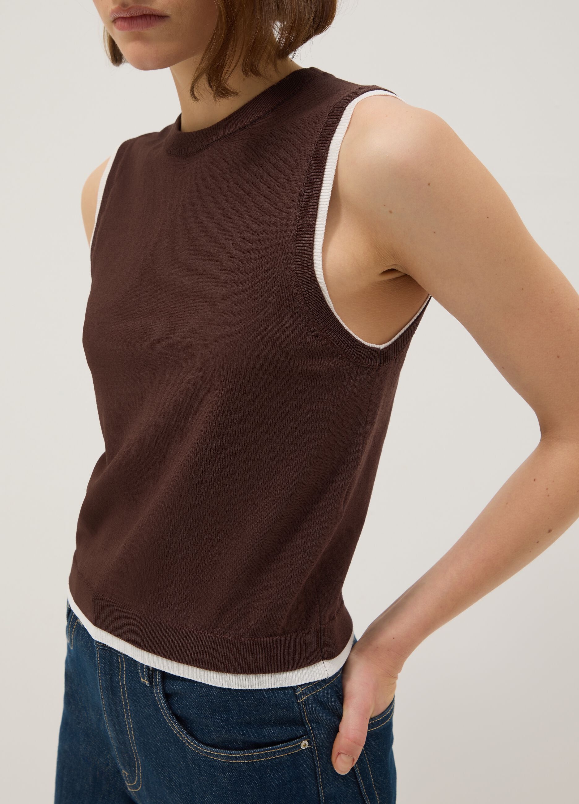 Brown Sleeveless Viscose Blend Tank Top - Regular Fit