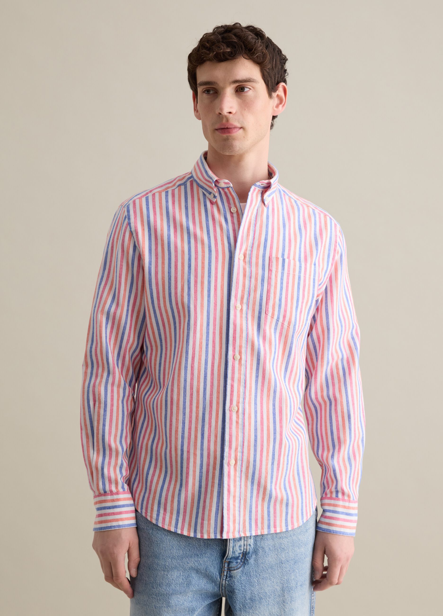 Multicoloured striped shirt in linen and cotton