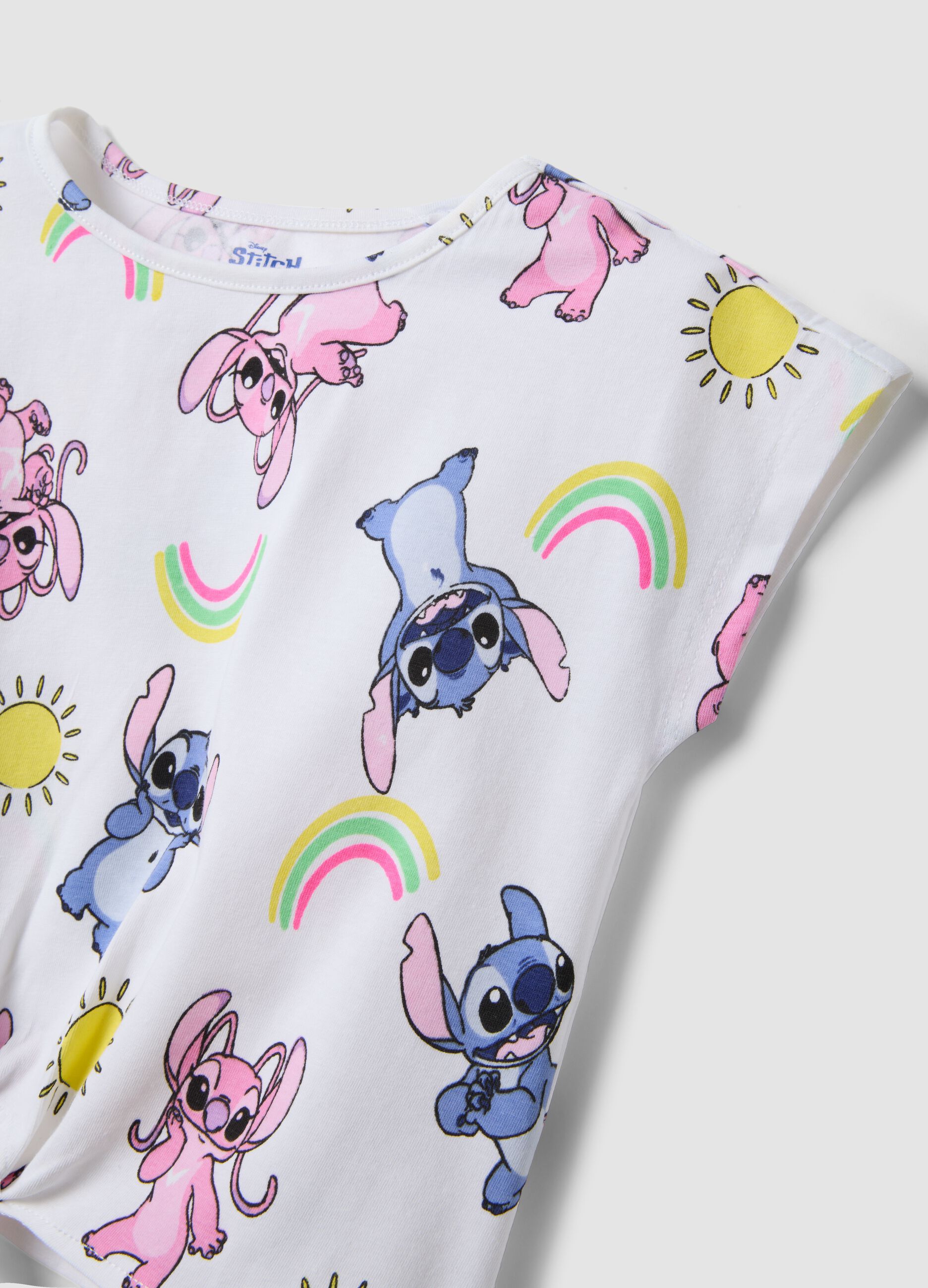 Girls&rsquo; white stretch cotton T-shirt with Stitch print