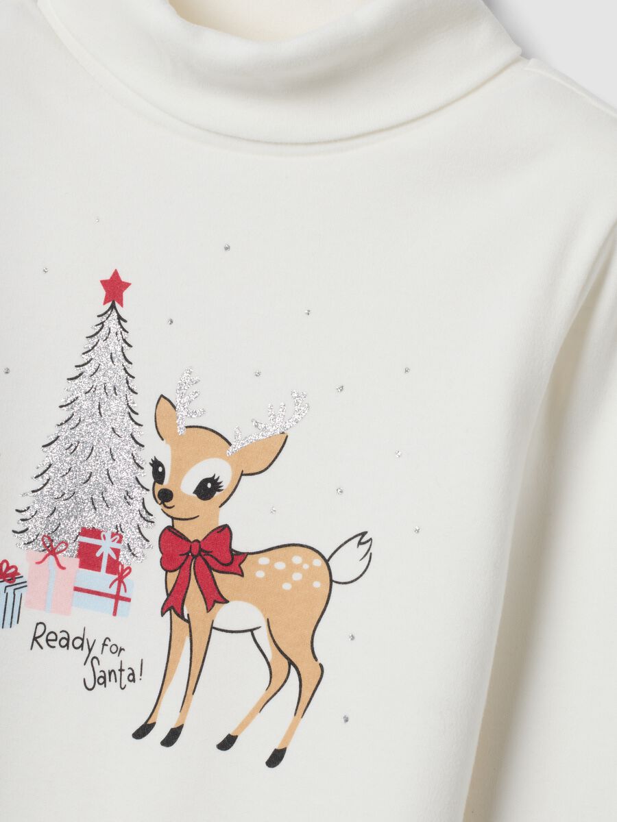T-shirt bianca in puro cotone dolcevita con stampa_2