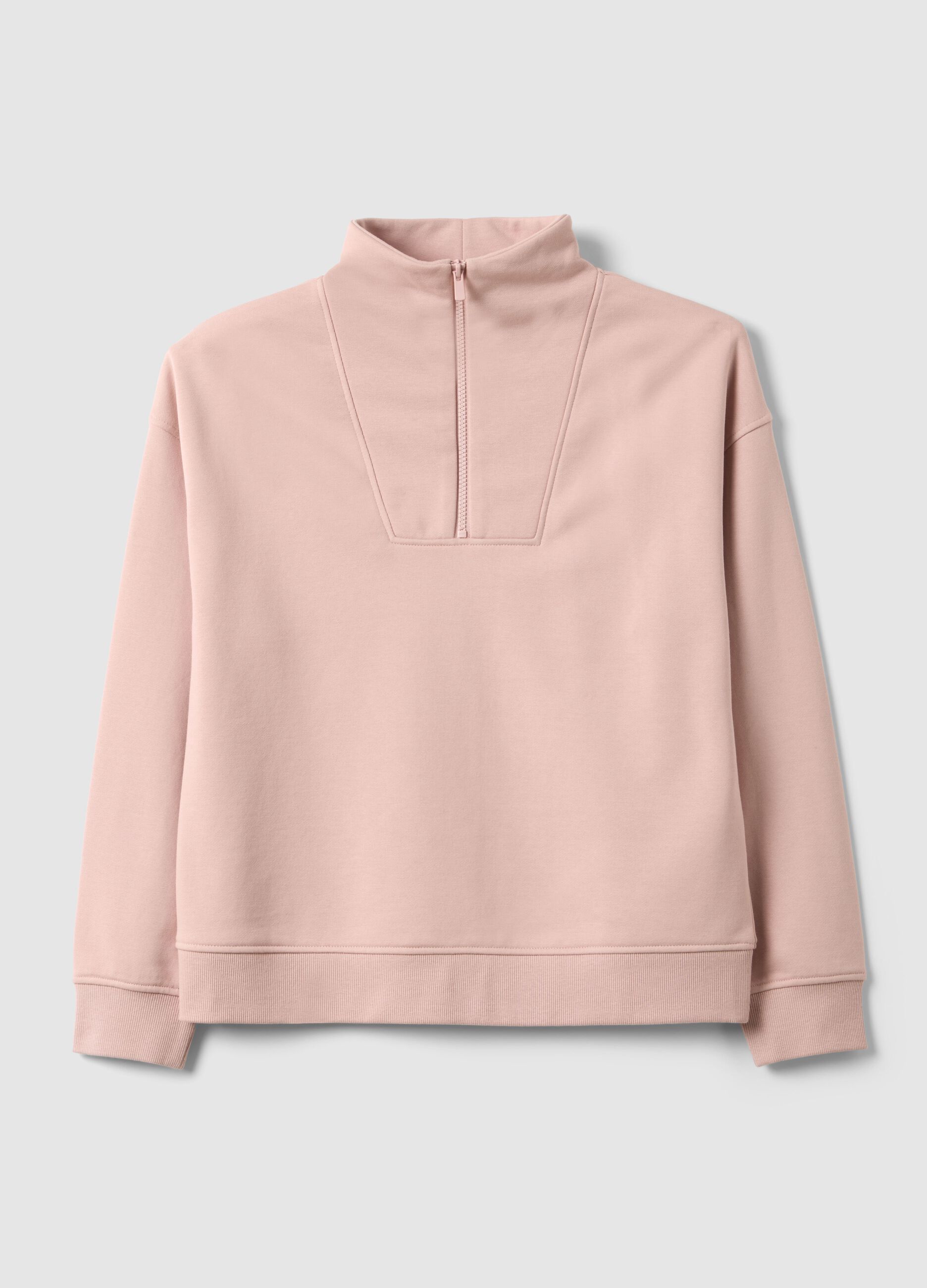 Felpa in misto cotone rosa regular fit con mezza zip e collo alto