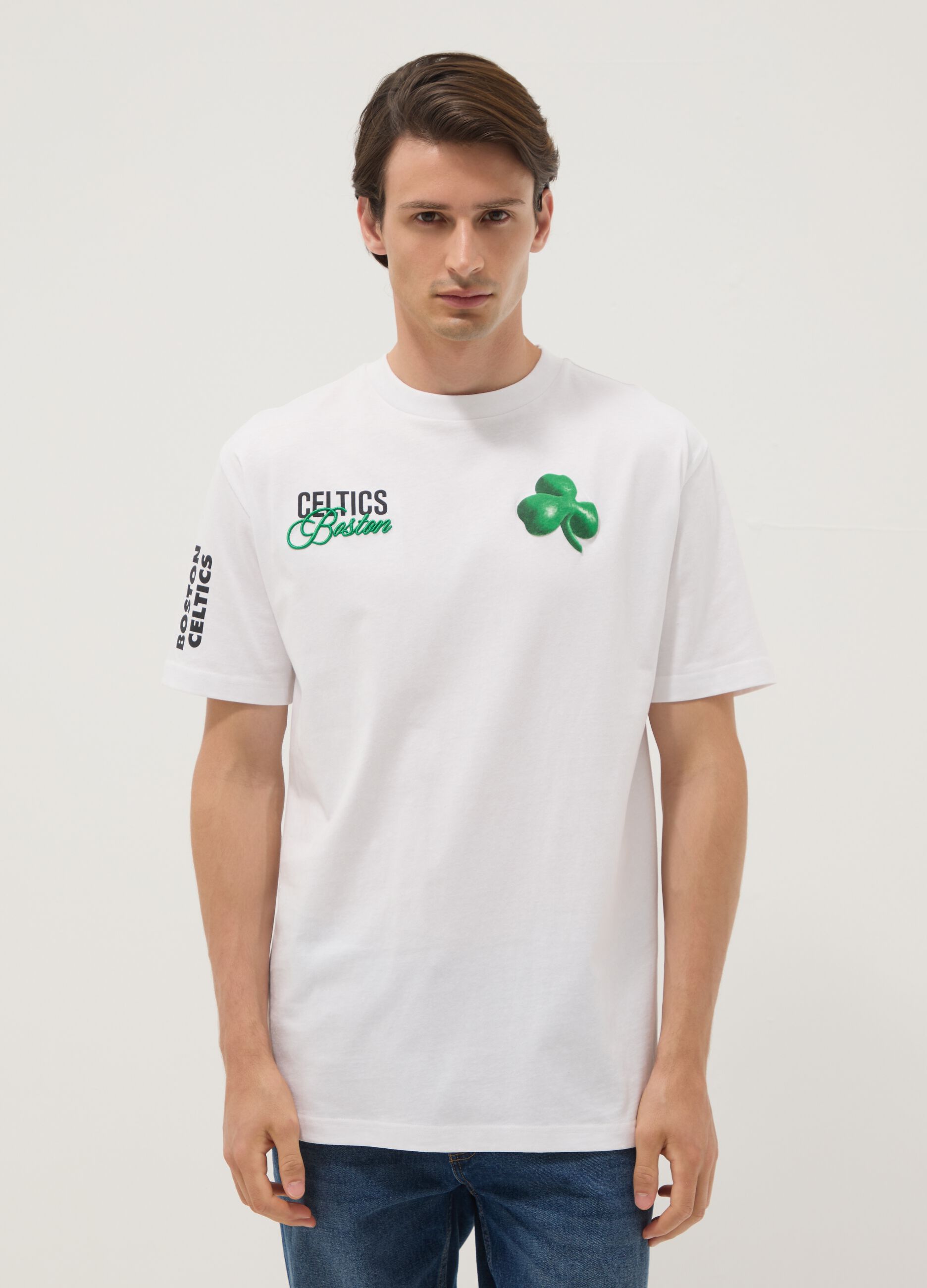 White pure cotton T-shirt with Boston Celtics logo
